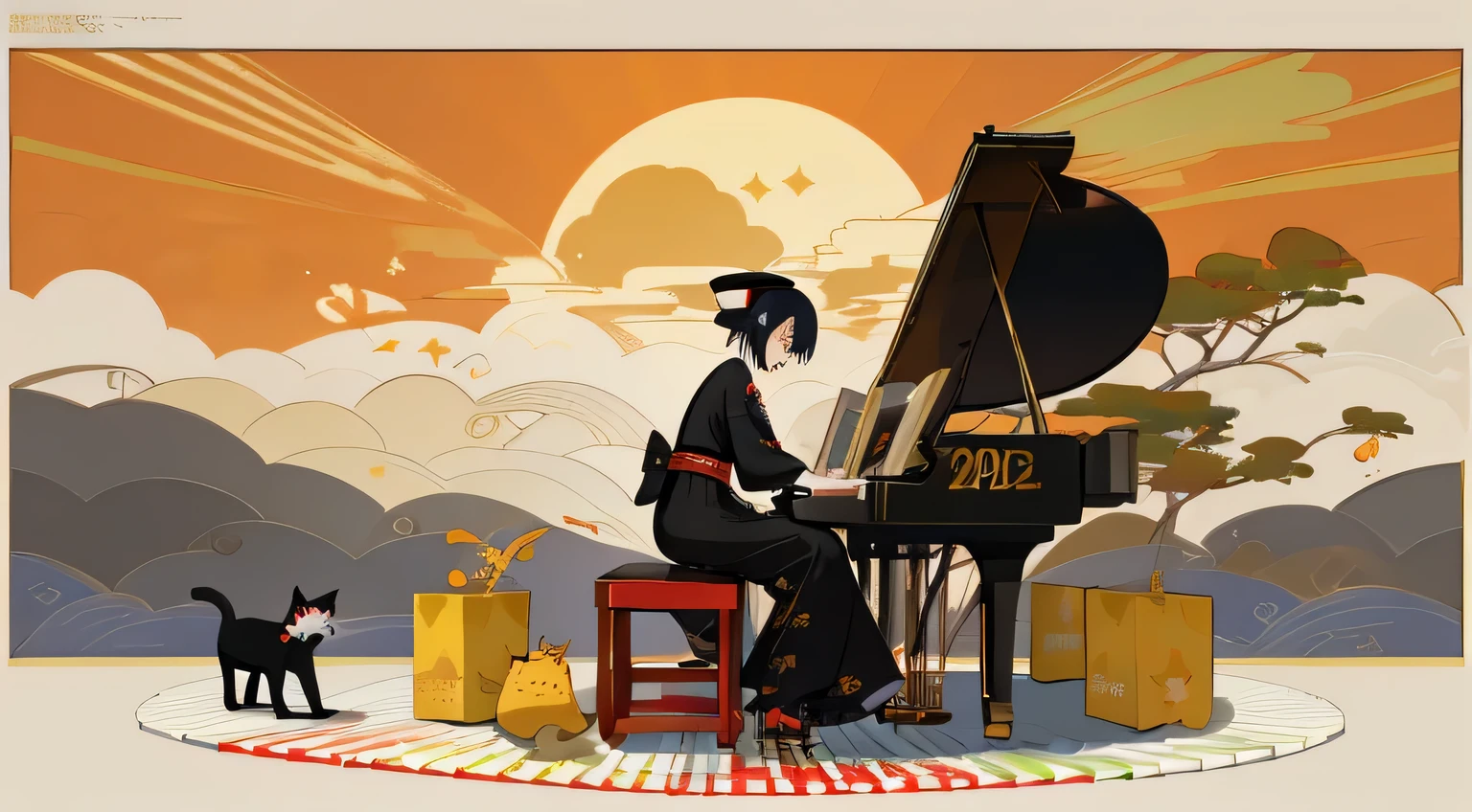 Festive graphic design poster with piano and cat, 2023, 2 0 2 3, japanese graphic design, 🪔 🎨;🌞🌄, Japanese illustrator, Middle Metaverse, by Yanagawa Nobusada, cliff of immortality, by Kume Keiichiro, #shape