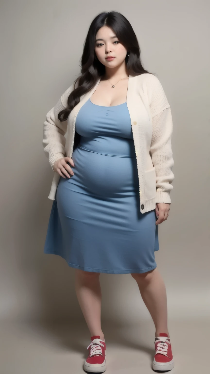 ((best quality)), ((masterpiece)), (detailed), perfect face, a woman in a dark-blue cardigan and long skirt random posing for a picture, bbwchan, thick body, thicc, she has a jiggly fat round belly, korean girl, curvy model, beautiful thick female, thick, heonhwa choe, widest hips, skinny waist and thick hips, alluring plus sized model, thick thighs, nene tanaka body, nene tanaka face. Bbwchan, full body view, wearing a red sneaker, small breast, woman in proportions body, big eye, big cheeks 