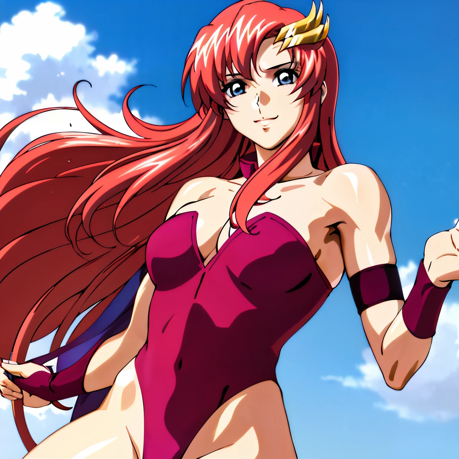(masterpiece, upper body view, crimson strapless leotard, (slim shoulders, neck), leaning back, 4K, Best Quality, Anime style: 1.9, happy, Adult Woman, ultra detailed face, (cloud background, white skin), Drawing lines, high resolution, Anime, lacus4), 1girl, Solo, curvy figure, Long hair, 鎖骨, scapular, (Detailed wide hair bangs, Hair Ornament, Detailed reddish-pink hair, shiny streaks, slim arms, golden crest), cleavage, large hands, (female wrestler). (Big blue eyes, shiny eyes), ((female wrestler, (slim body), little biceps, slim arms, closed fists, thighs)), ((perfect proportions, medium breasts, long belly)), (((strapless, crimson strapless leotard, crimson strapless leotard, arm band))), happy, smile, (standing, looking at the viewer), detailed fingers, (bare shoulders), Clavicle