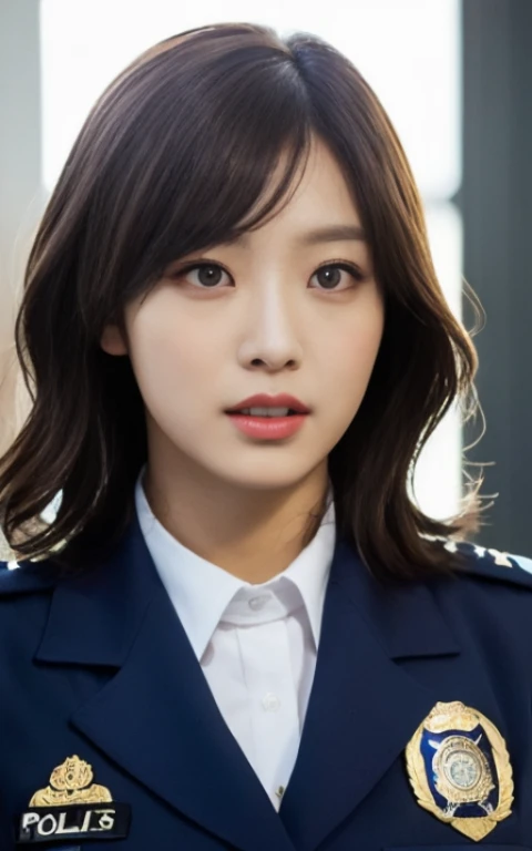 police uniform、A woman with the same face as last time(misaki),4K、1people's women、slender、 Loose wavy styling 、Full body shot from the front、seductive and attractive,Including face and skin texture,detailed eyes、Looks like fun