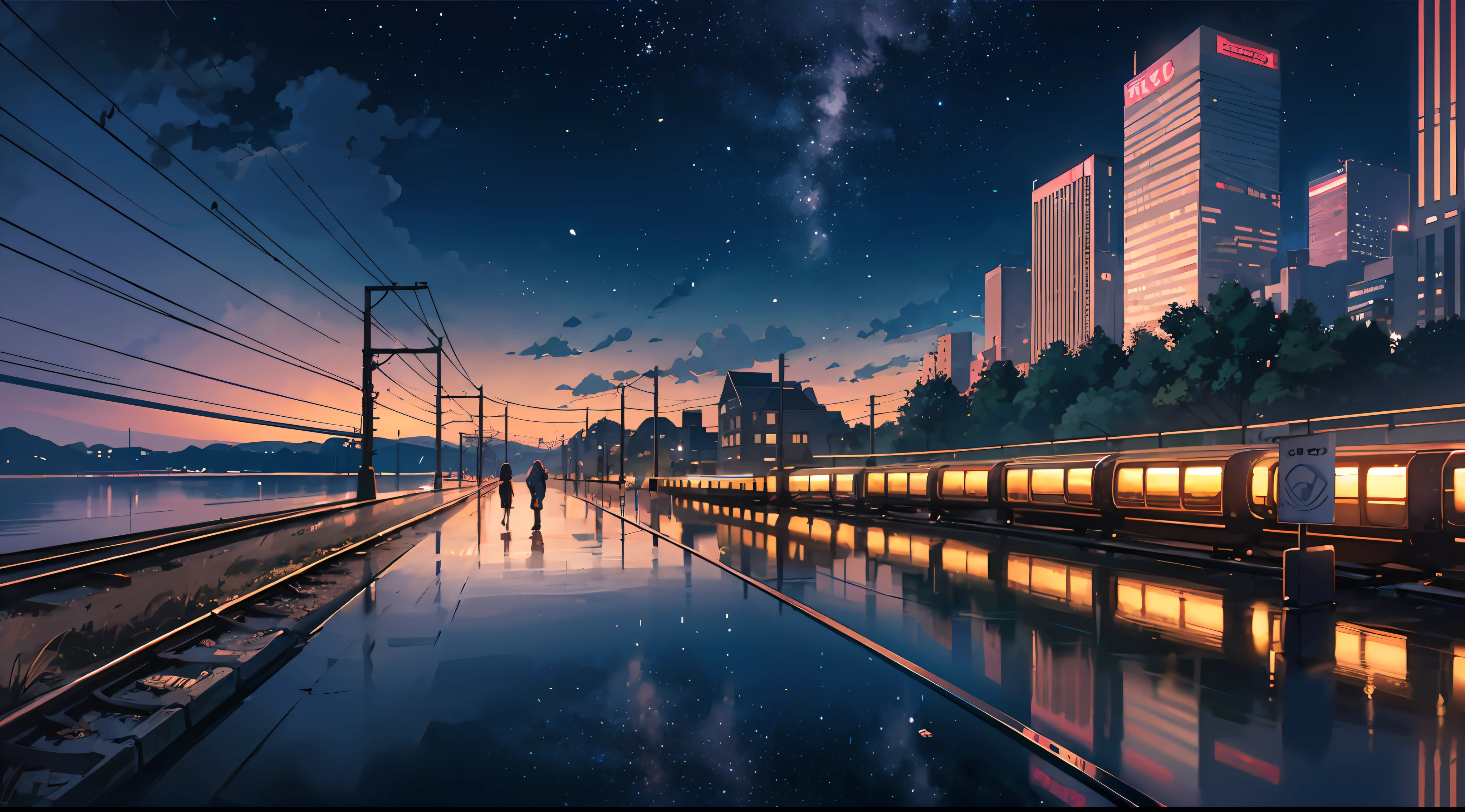 High quality masterpiece, landscape, anime train passing through bodies of water on tracks, bright starry sky. Romantic train, pixiv, concept art, lofi art style, reflection. by Makoto Shinkai, lofi art, Beautiful anime scene, Anime landscape, detailed scenery —width 672, in style of Makoto shinkai, style of Makoto shinkai, enhanced details.