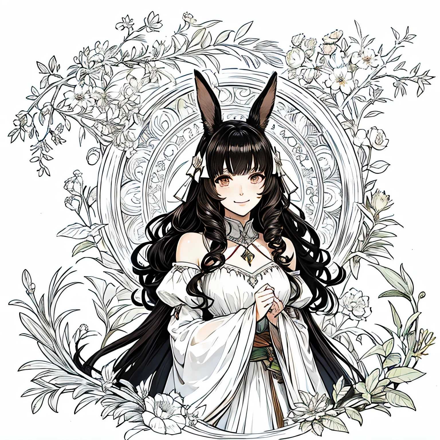 Final Fantasy 14 Rabbit ears Beautiful woman Calm face Smile Black hair Long curly hair Holding a bow Small mouth Light brown skin Messenger of the forest spirit Watercolor Line drawing