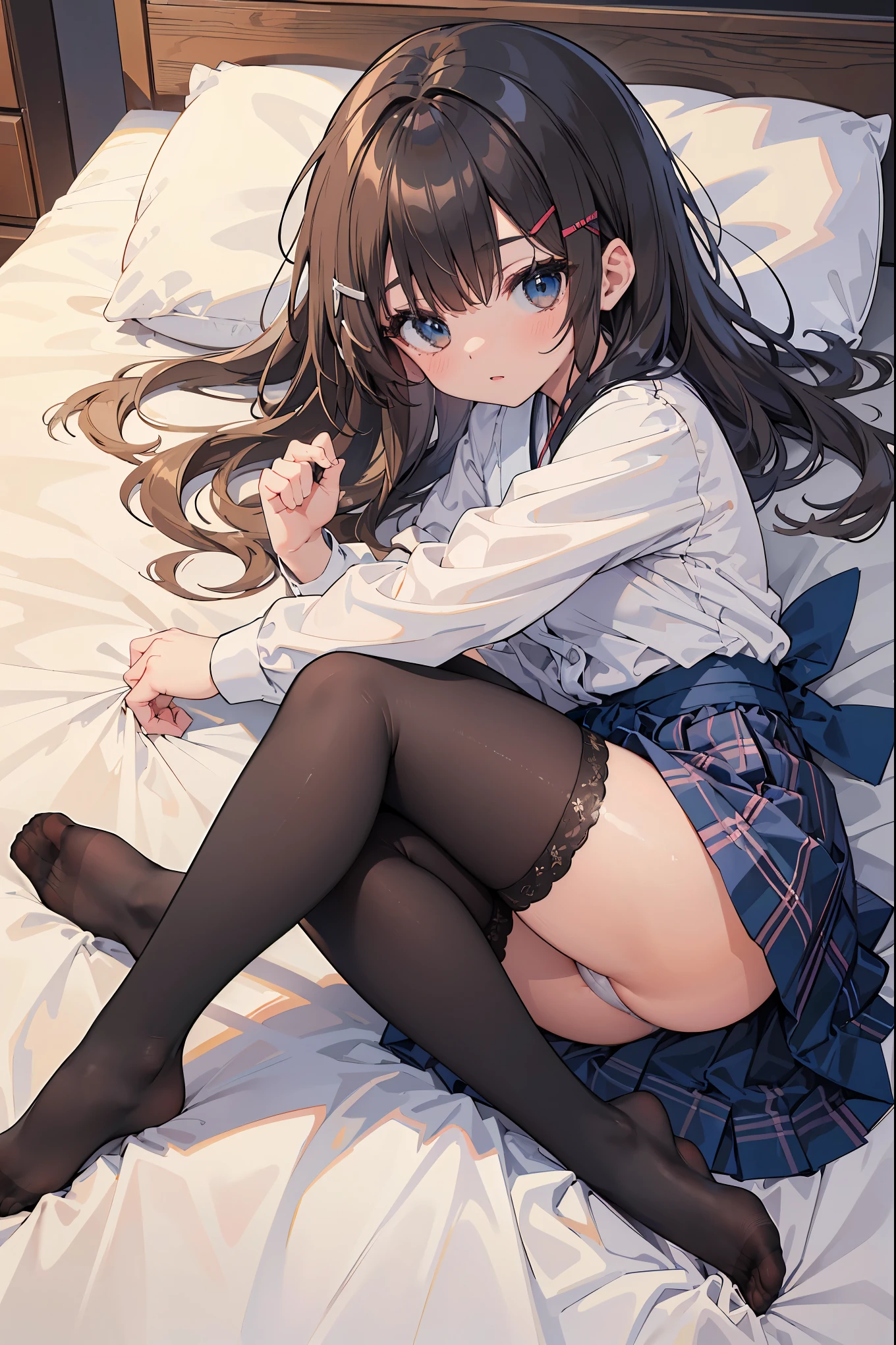 Top quality, masterpiece, insanely detailed, (Full body shot), front view, symmetry, Mature Japanese high school girl, alone, (Solo: 1.3), slender legs, whole body from head to toe, from above, sitting, M-shaped legs, staring at the viewer: 1.3), small breasts, (Black thin detail material and shiny tights): 1.2), white silk lace fabric underwear through the tights, very beautiful girl, no shoes, (Blush: 1.3), Shy big eyes, (Short (brown hairy part), (bangs), messy hair, (hair clip), lying on white sheets, looking at you: 1.3), looking at the camera, white silk lace fabric underwear visible, white lingerie, high blazer, high white blouse, high blue ribbon, high plaid and navy pleated skirt,
BREAK
(Pose that seduces a man: 1.3), (fascinating genius:1.5), (best lighting by famous artists: 1.2), 8K, ((acting instruction of captivating poses by famous masters: 1.6)), ((thighs spread to the left and right: 1.35)),
((deep depth of field:1.5)),