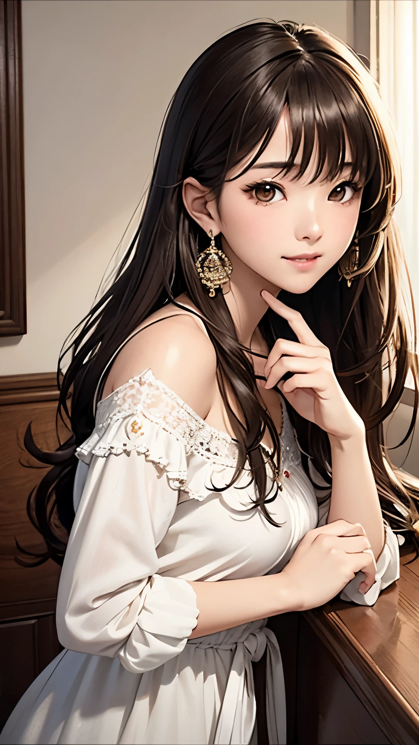 an unparalleled masterpiece、Ultra-realistic 8k CG、perfect artwork、wallpaper、1 Girl Girl Beautiful Girl、alone、beautiful face、
hair ornaments、looking at the viewer、Put a smile on your face、closed your mouth、hair ornaments、headless、jewelry、earrings、Brown hair long hair、◯◯ hairstyle、(())