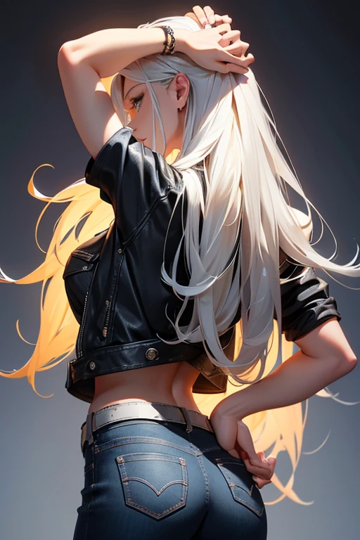 20th generation women,muscular,long blonde hair,silver hair,Berry Short,hair stretched out on the back,Black denim jacket,Black denim pants