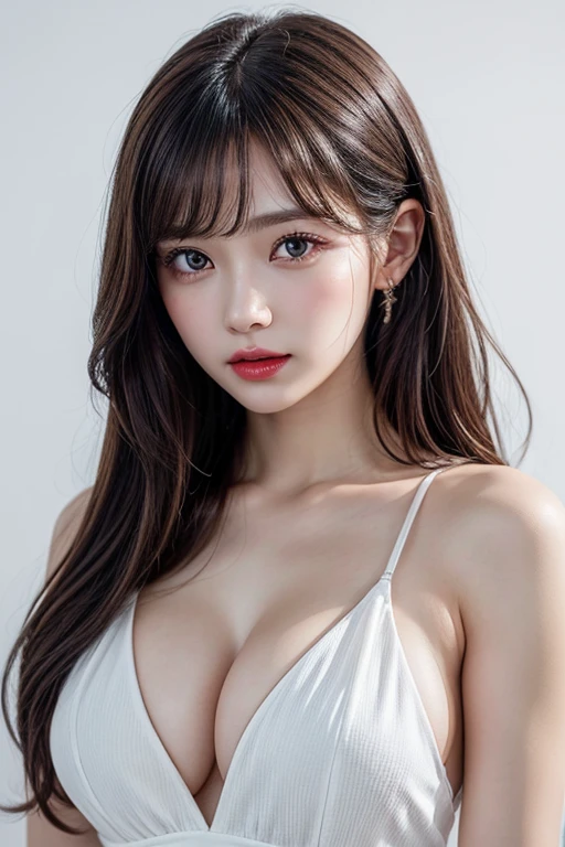 1 girl, beautiful, amazing face and eyes, cosmetic, red glossy lips, (Extremely detailed beautiful face), (The sexiest look), (beautiful breasts), (white dress), (best quality:1.4), (Super detailed), (Extremely detailed CG unified 8k wallpaper), Very detailed, original photo, Professional photography, standing, White background,Model posing,(middle parted hairstyle)