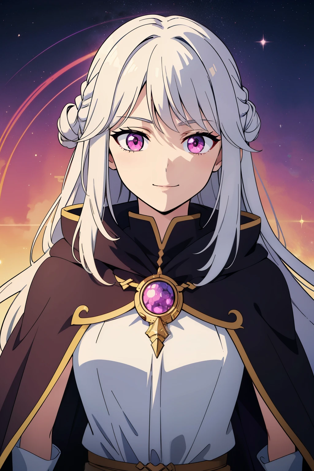 (high-quality, breathtaking),(expressive eyes, perfect face) 1female, female, solo, short height, , long length hair, white hair color, glowing hair, unkept hair, pink eyes, kind expression, smiling, warm soft smile, cloak, shirt, fantasy mage clothing, adventurers attire, Venus planet, Venus Roman God of the Love, space background, portrait, upper body, magic, flower in hair, gorgeous flowy wavy hair, tied back hairstyle
