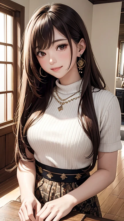 an unparalleled masterpiece、Ultra-realistic 8k CG、perfect artwork、wallpaper、1 Girl Girl Beautiful Girl、alone、beautiful face、
hair ornaments、looking at the viewer、Put a smile on your face、closed your mouth、hair ornaments、headless、jewelry、earrings、Brown hair long hair、◯◯ hairstyle、((:1.5))