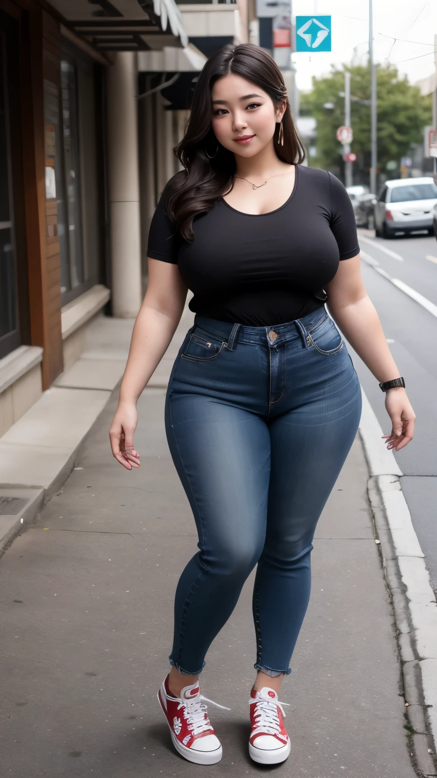 ((best quality)), ((masterpiece)), (detailed), perfect face, a woman in a black top and short thight jeans posing for a picture, bbwchan, thick body, thicc, she has a jiggly fat round belly, korean girl, curvy model, beautiful thick female, thick, heonhwa choe, widest hips, skinny waist and thick hips, alluring plus sized model, thick thighs, nene tanaka body, nene tanaka face. Bbwchan, full body wide view, wearing a red sneaker