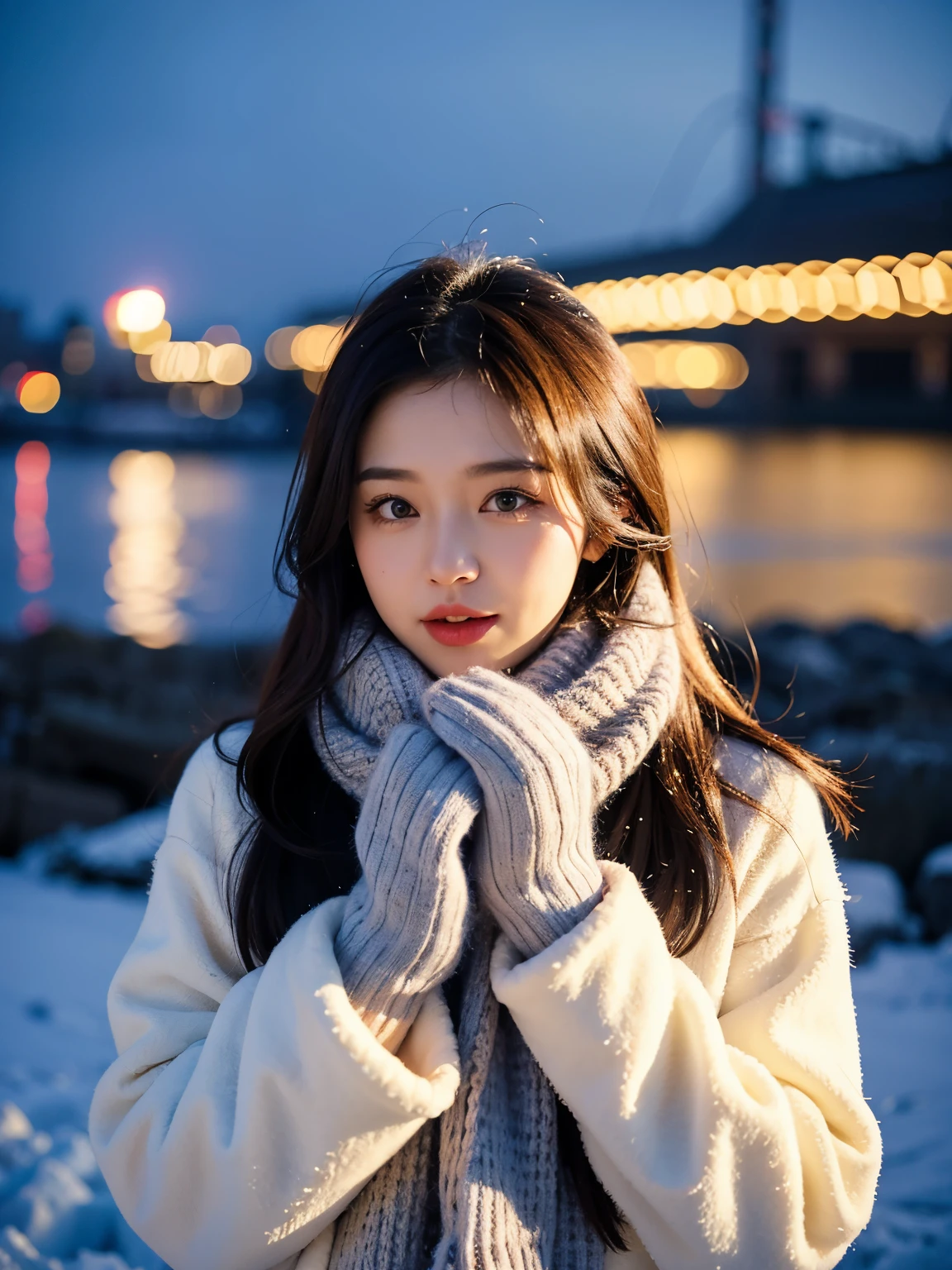 It's snowing、Christmas city landscape、winter clothing、Portrait of woman wearing scarf and gloves, quality、ultra high definition、Yoshitomo Nara, This model, beautiful girl, long gray hair, 27 years old女模特, 4K ], 4K], 27 years old, Sam rice cereal, Sam rice cereal