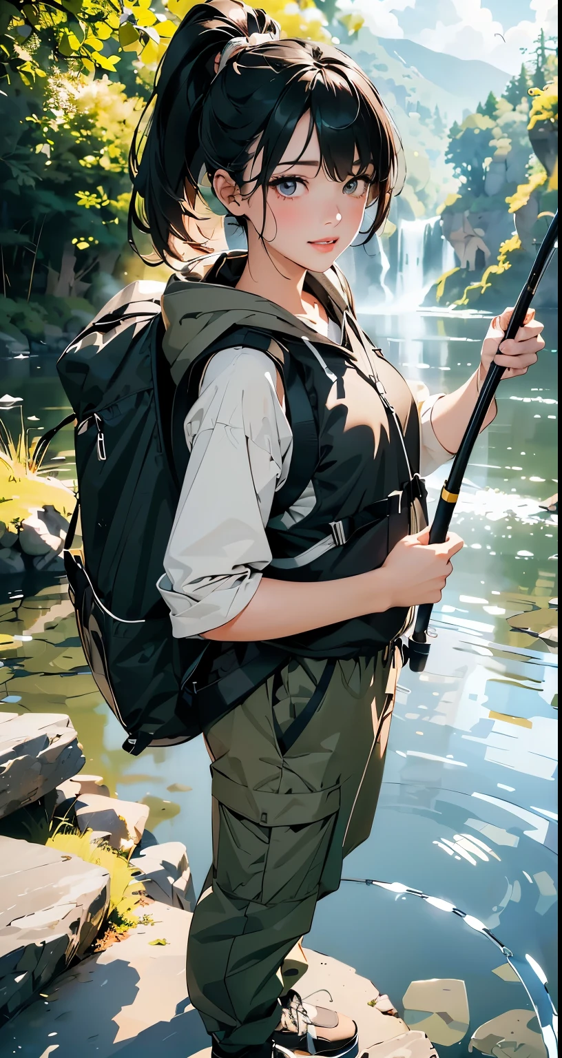 masterpiece、High resolution 8K、sharp focus、contrast lighting、ultra high resolution、ultra high resolution、Detailed CG、Low - Angle、full body shot、Beautiful woman、beautiful eyes、(detailed face and iace:1 2)、narrow eyes、almond eye、brown eyes、gradation eye、highlight:1.2)、(beautiful reddish brown hair、long hair、asymmetrical bangs、(plump lips、glossy lips、 size) 、(oval face : 1.4)、(thin fingered arms、detailed human hand)、川でWoman Fishing、Beautiful and wide river、Flowing waterfall、rock surface、moss、forest、Mont、blue sky、Flowing clouds、vapor、mist、full body pose、Holding a fishing rod in your hand、Fishing lure rod、Outdoor Vest、hoodie、Waders、Long pants for fishing、Big backpack)、Point the fishing rod toward the water surface with both hands. I'm ready、Have a long fishing rod、Hold the fishing rod facing the water surface、Woman Fishing、naughty smile、teeth visible、Angle from the front、Standing in the river