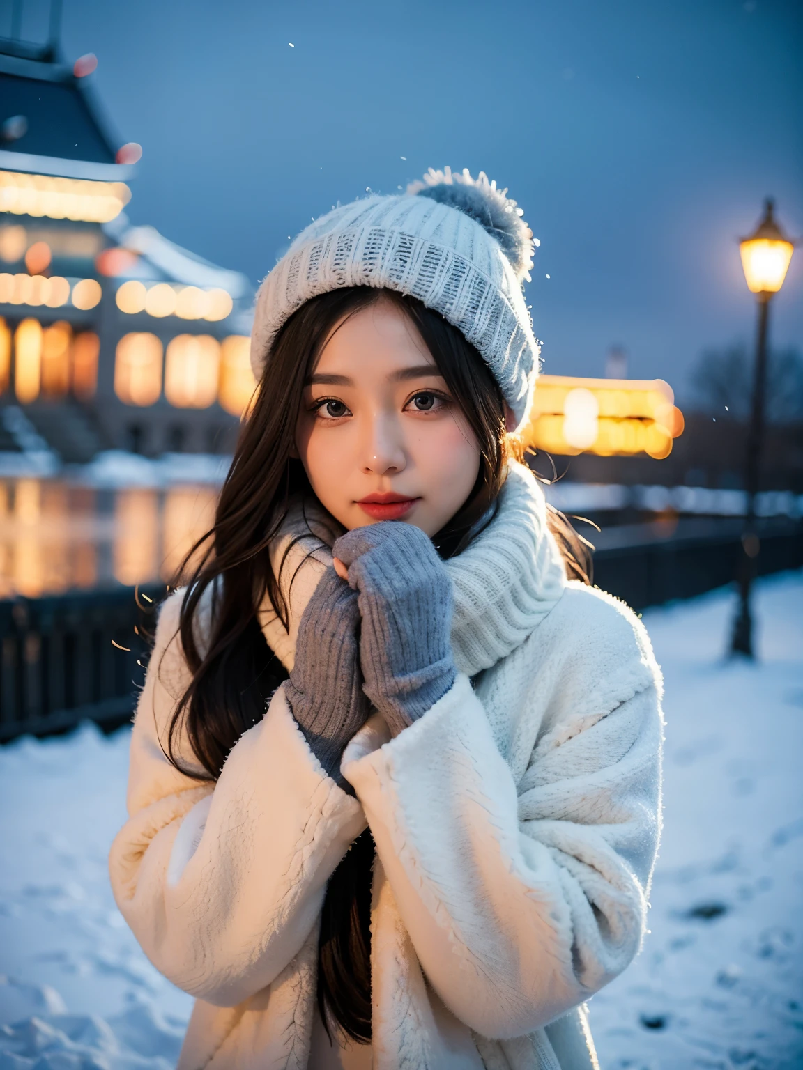 It's snowing、Christmas city landscape、winter clothing、Portrait of woman wearing scarf and gloves, quality、ultra high definition、Yoshitomo Nara, This model, beautiful girl, long gray hair, 27 years old女模特, 4K ], 4K], 27 years old, Sam rice cereal, Sam rice cereal
