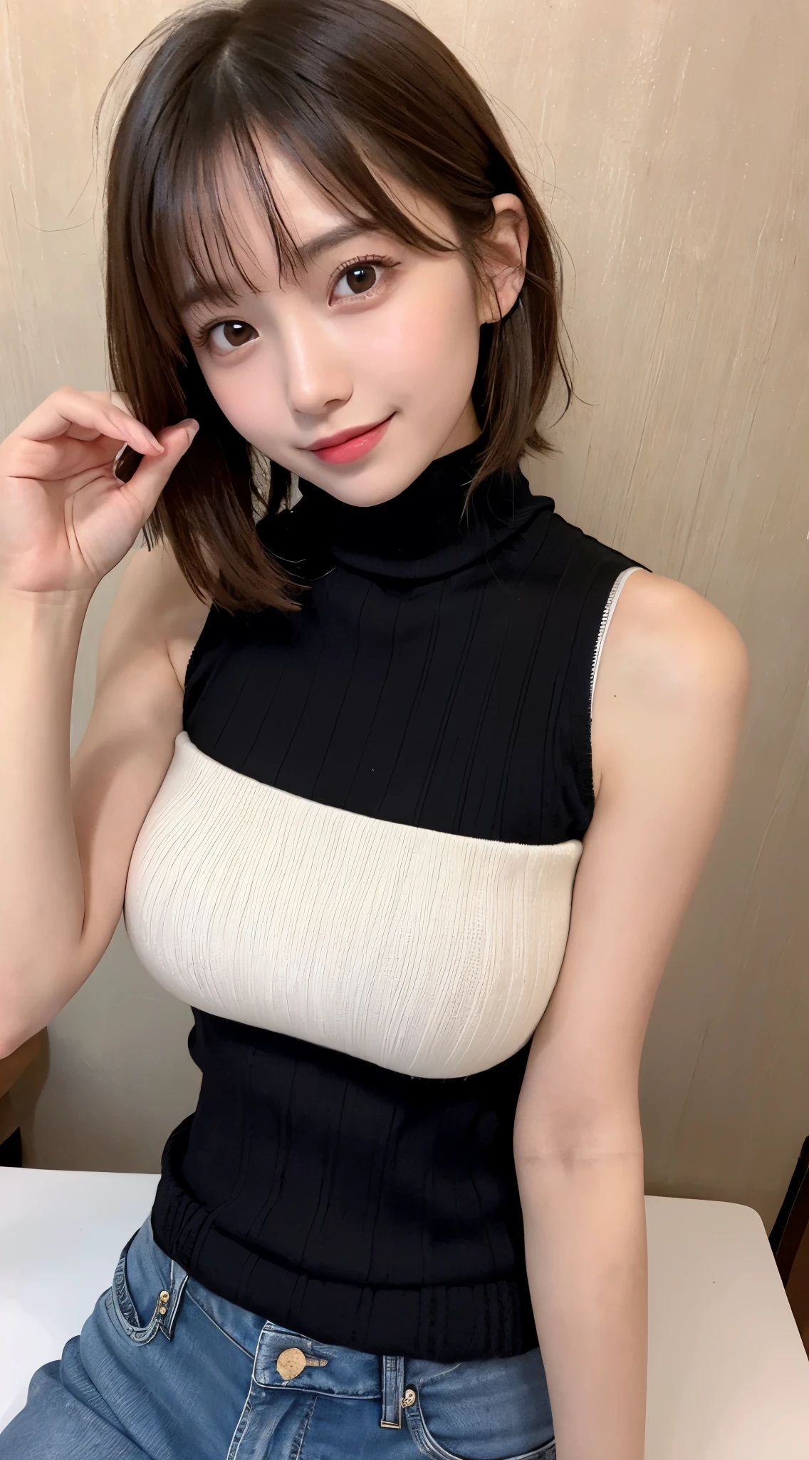 on the table、best quality、illustration、 Super detailed、high resolution、8k wallpaper、Perfect dynamic composition,、Beautiful and delicate eyes、medium hair、(Beautiful big breasts:1.3)、natural color lips、Bold sexy pose、Smile、Harajuku、20 year old girl、Lovely、Sexy shot looking at camera、(top quality: 1.3), (Masterpiece: 1.3), (Super details: 1.3), (wallpaper, a girl: 1.1)、(Detailed hands and fingers:1.2)、(Delicate and super shiny skin:1.1)、shiny thighs、(Perfect beautiful black sleeveless turtleneck knit top:1.4)、Denim shorts、brown hair、short hair、bouncing hair、beautiful sister、(a park:1.2)、(Beautiful big breasts:1.2) 、((Lying on your back)),raise arms