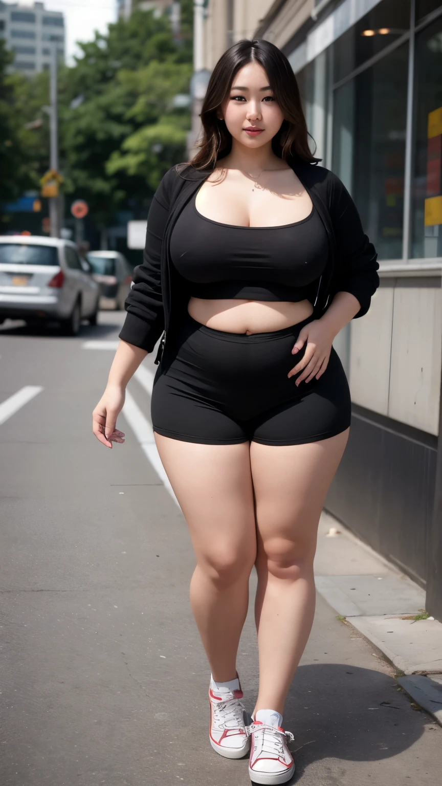 ((best quality)), ((masterpiece)), (detailed), perfect face, a woman in a black top and shorts pants posing for a picture, bbwchan, thick body, thicc, she has a jiggly fat round belly, korean girl, curvy model, beautiful thick female, thick, heonhwa choe, widest hips, skinny waist and thick hips, alluring plus sized model, thick thighs, nene tanaka body, nene tanaka face. Bbwchan, full body wide view, wearing a red sneaker