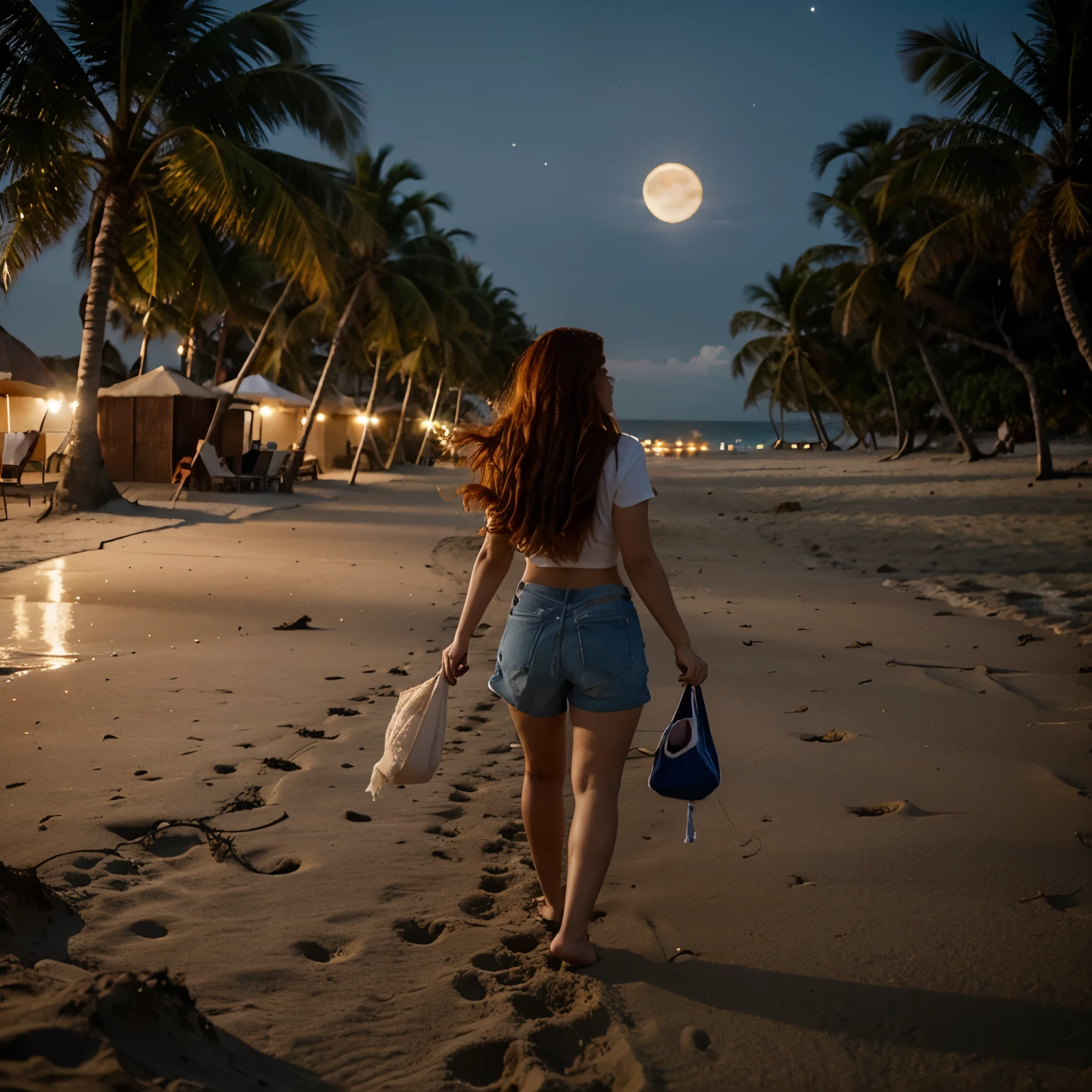 Chica pelirroja caminado bajo la luna en la playa