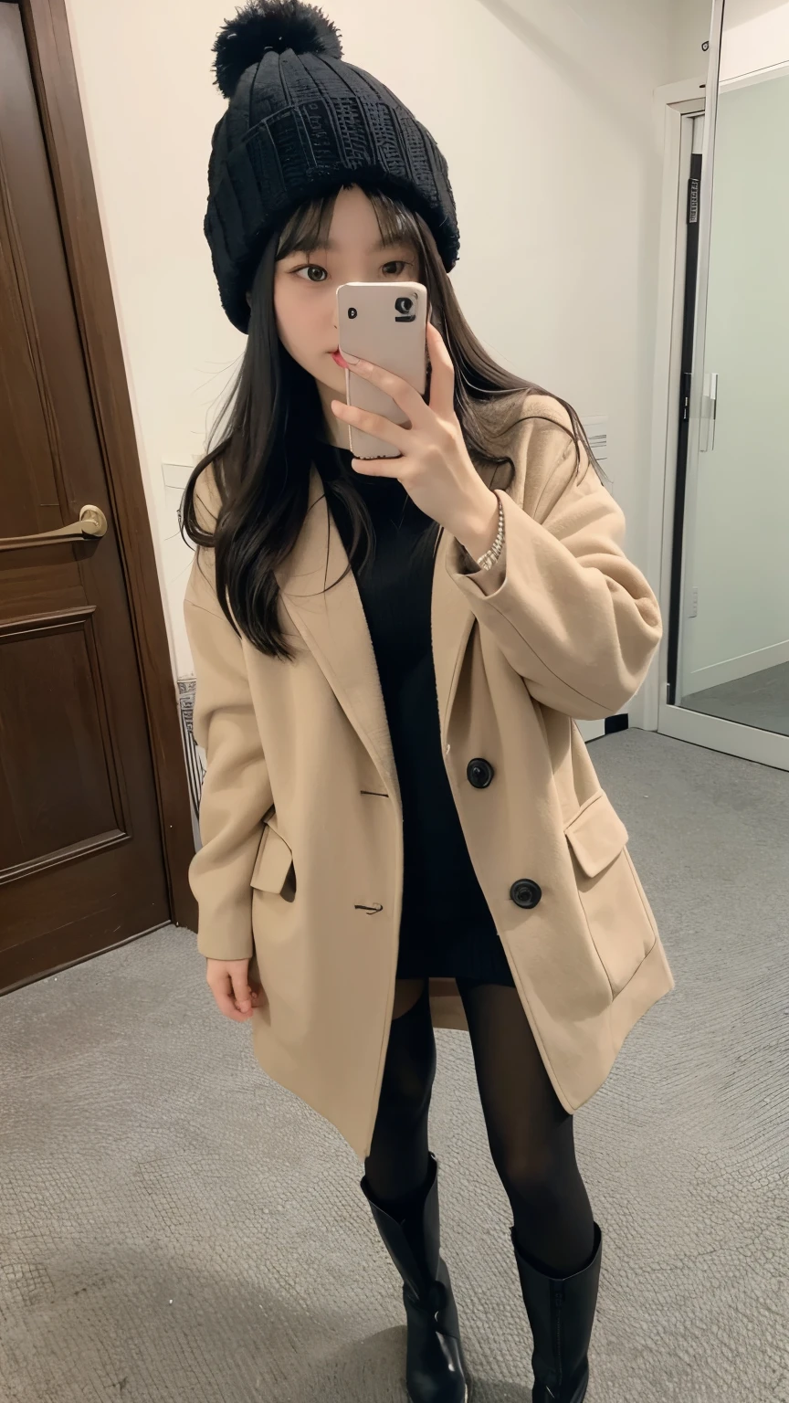 selfie,Knitted hats,long coat,one piece,you,Black Pantyhose,short boots,black hair,straight hair,Super high quality,masterpiece,super high quality,ultra high resolution,Highest image quality,superlative,highest quality,highest resolution,high quality,beautiful,beautiful,High quality,realな質感,real,8K,Fine-grained,