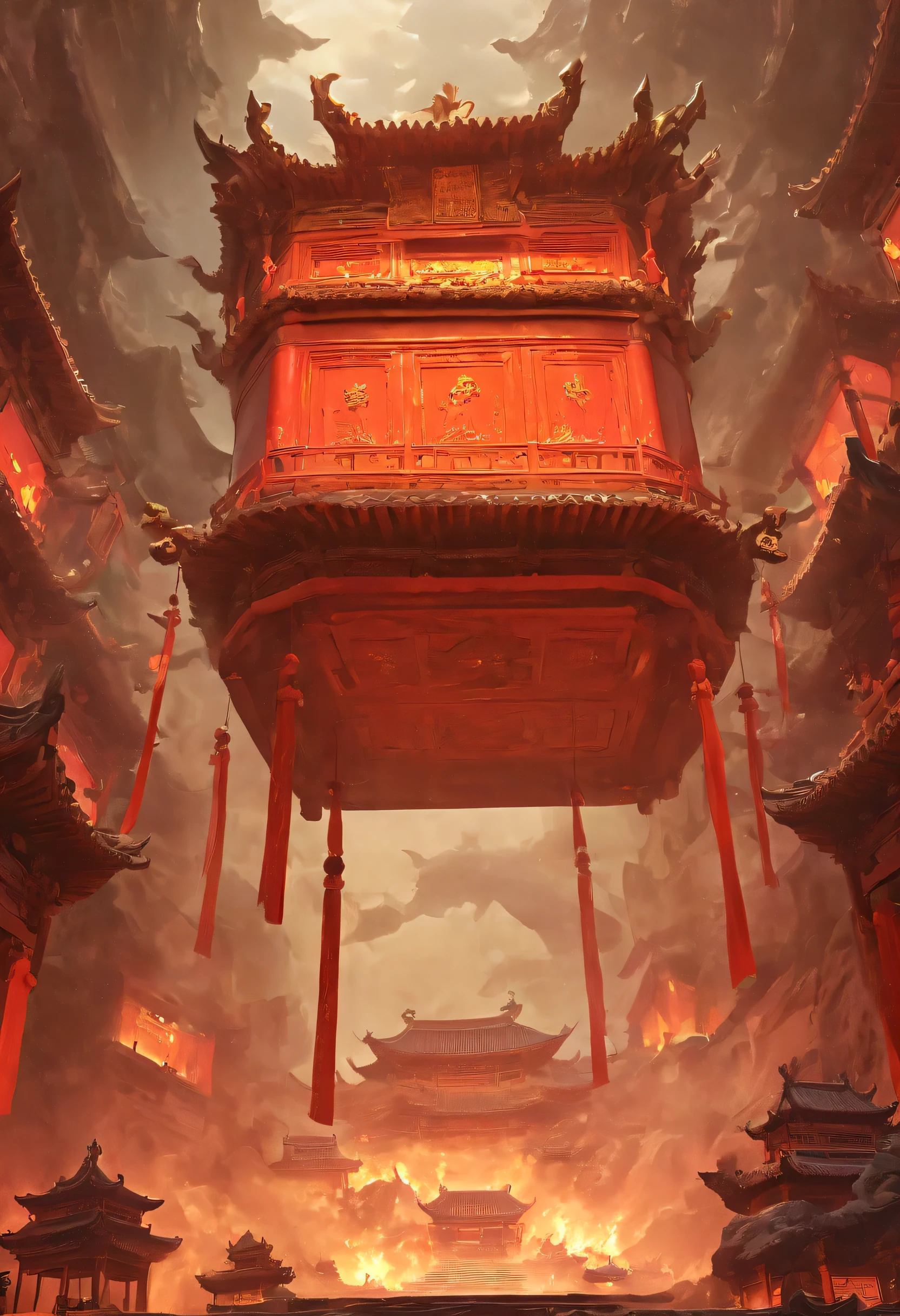 （（（神秘的东方underground tomb，underground tomb，Magnificent and spacious majestic landscape））），Red sedan suspended in the air，Chinese sedan，dim lights，intricately carved stone walls，The mysterious atmosphere is scary，Supernatural powers。
