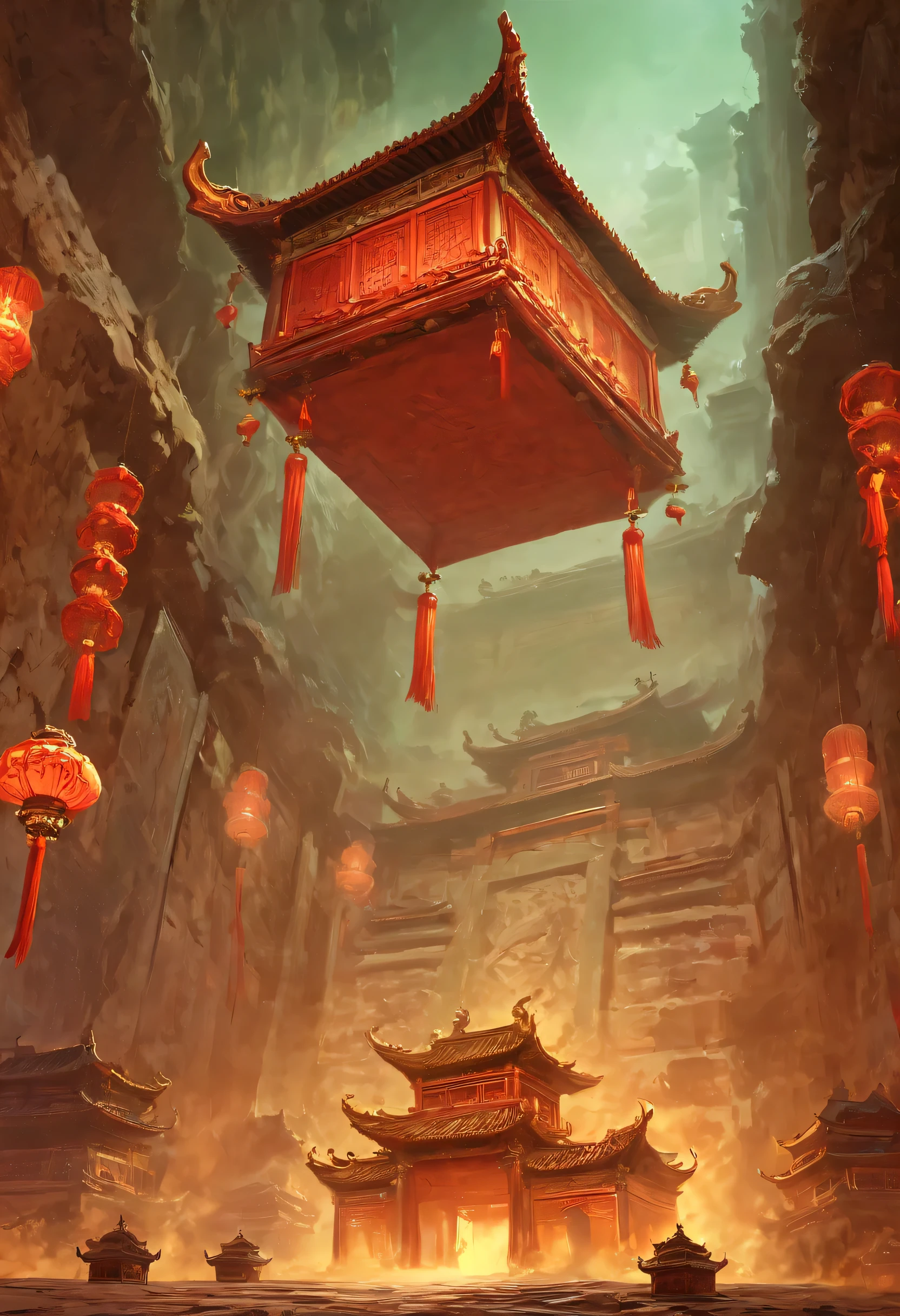 underground tomb：1.37.（（（神秘的东方underground tomb，underground tomb，Magnificent and spacious majestic landscape））），Red sedan suspended in the air，Chinese sedan，dim lights，intricately carved stone walls，The mysterious atmosphere is scary，Supernatural powers。
