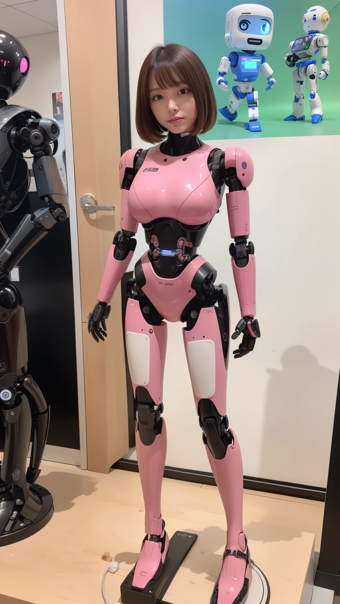 masterpiece, best quality, extremely detailed, (8K, 4K, Best Quality, Hight resolution, 超A high resolution:1.1), 8K portrait,1girl in, Japanese android girl, android teacher, control panels, android, Droid, Mechanical Hand, ,Robot arms and legs, Black hair, Mechanical body, Blunt bangs, Pink Robotics Parts, perfect robot woman, Charging spot, Long Tube, A thick cable was connected to her neck, ceramic body , android, robot humanoid, panty, full eyes, perfect mechanical body, pink robotics body, future assembly plant, Pink body, She has repaired, lack sponge joints, android assembly plant, android, laboratory, platform boots, perfect machine body, pink robot body