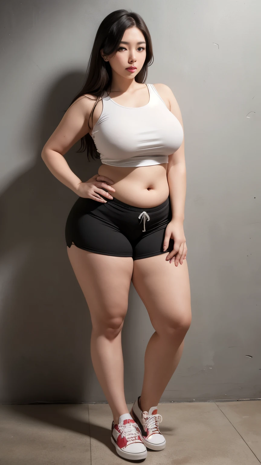 ((best quality)), ((masterpiece)), (detailed), perfect face, a woman in a black top and shorts pants posing for a picture, bbwchan, thick body, thicc, she has a jiggly fat round belly, korean girl, curvy model, beautiful thick female, thick, heonhwa choe, widest hips, skinny waist and thick hips, alluring plus sized model, thick thighs, nene tanaka body, nene tanaka face. Bbwchan, full body wide view, wearing a red sneaker