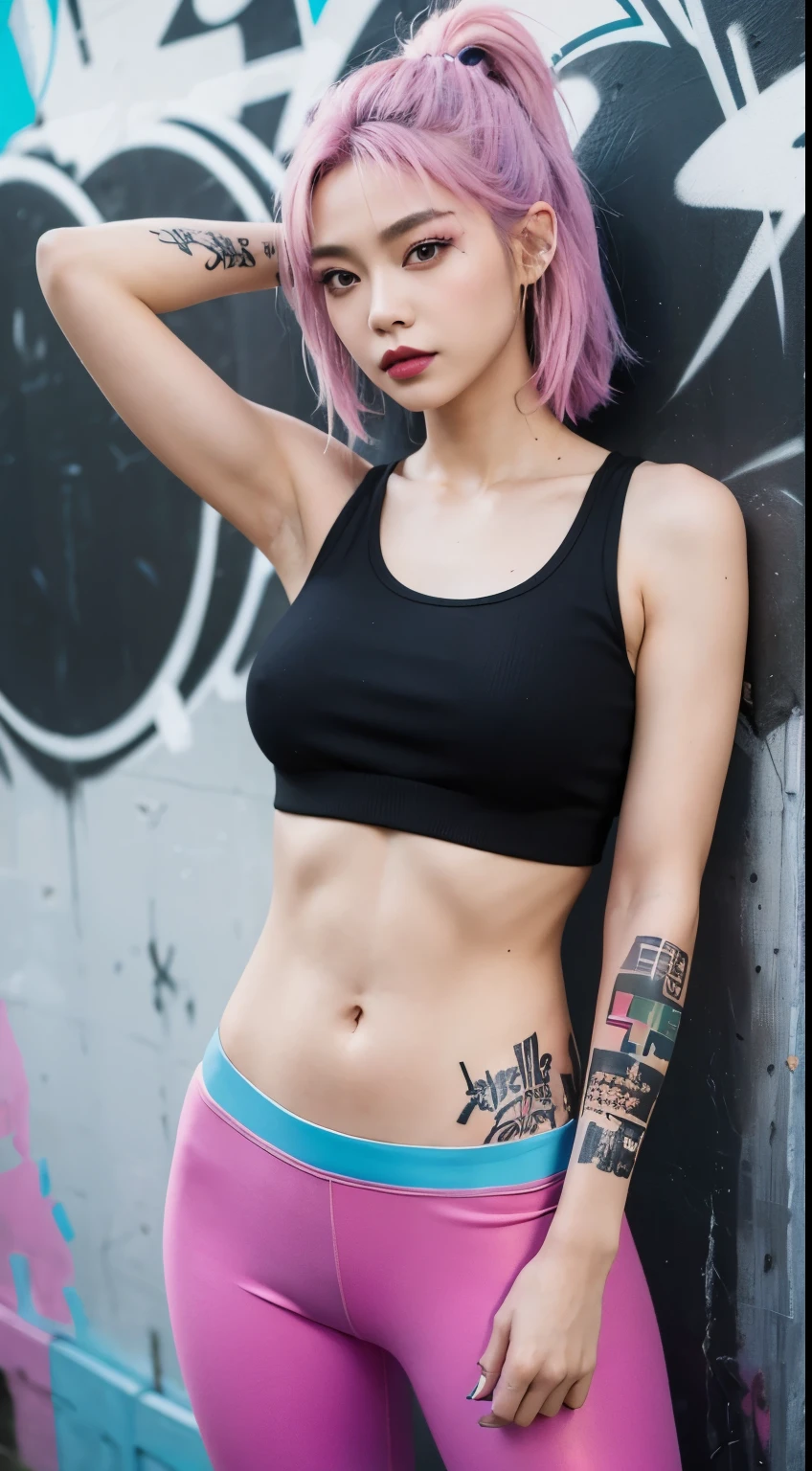 Realistic skin, best quality, Clarity, 4k, 8k, detail, actual, tattoed Girl, Korean makeup, black lips, pink and blue medium mullet hair, Perfect six pack body, stand, pose standing, medium chest, tank top, black legging Pants, Solid graffiti wall background, Graffiti art,