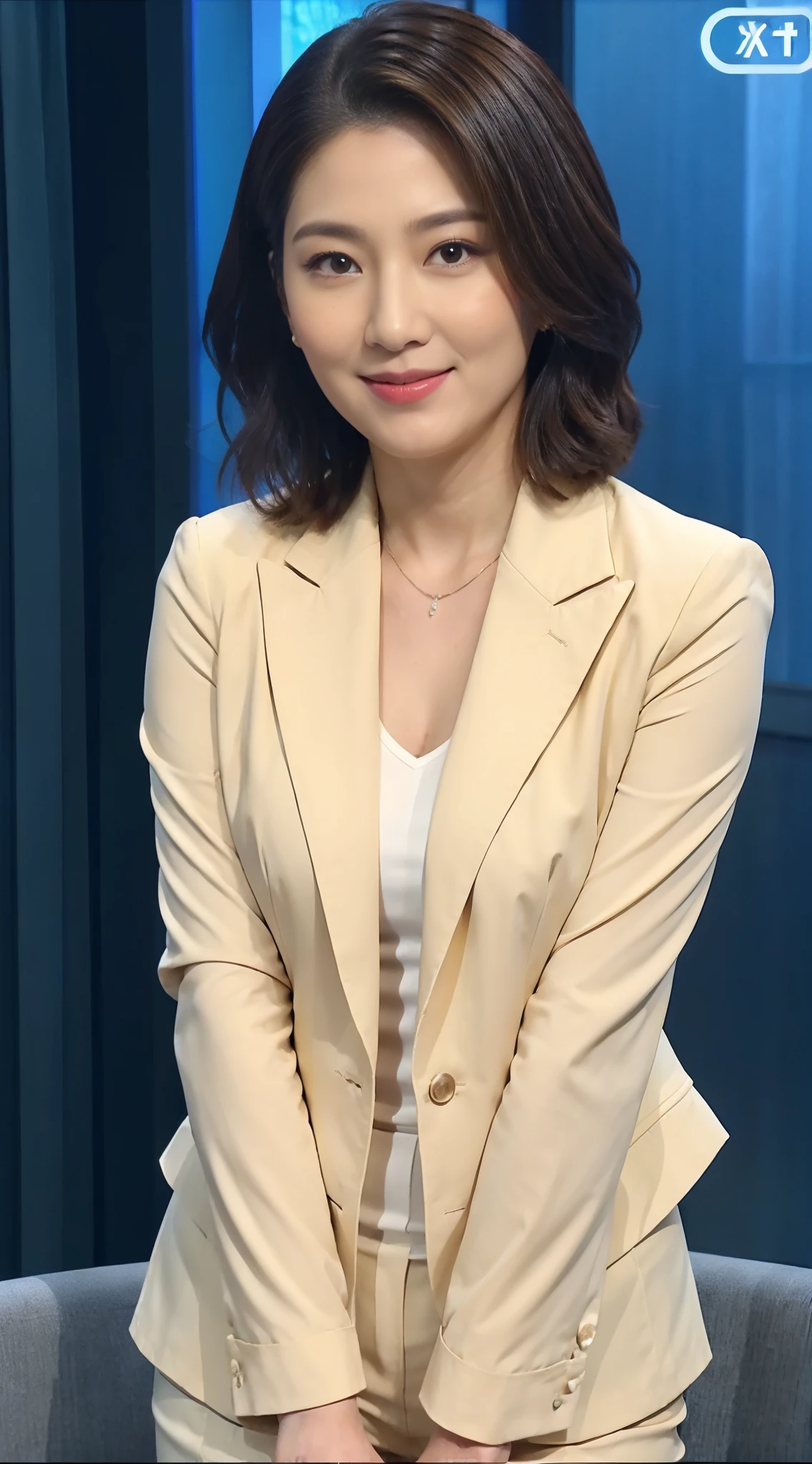 best image quality、ultra high resolution、1 girl、beautiful features、short and fine hair､Announcer wearing a tight long sleeve suit、Sit in the studio, Charmaine Yu