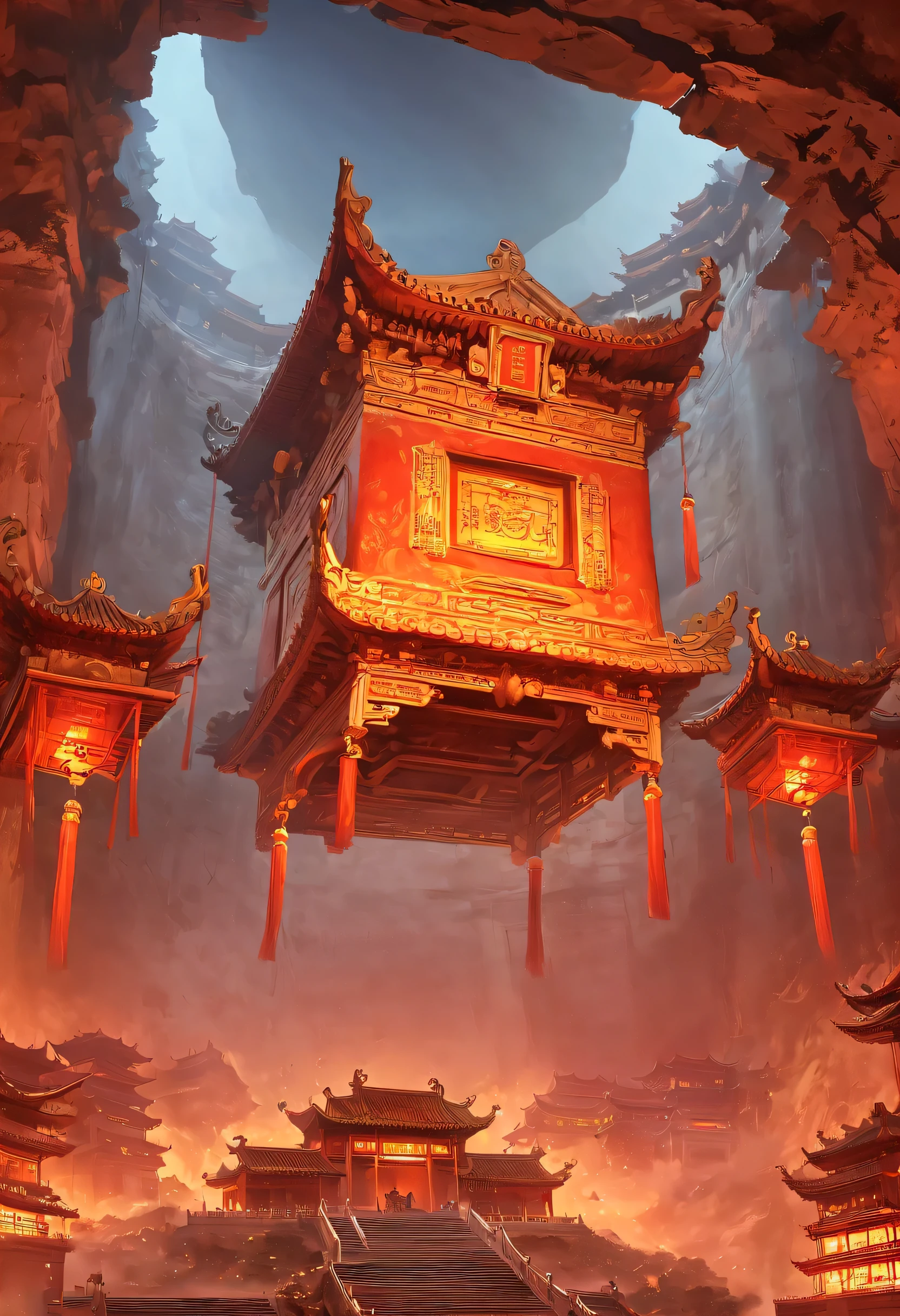 underground tomb：1.37.（（（神秘的东方underground tomb，underground tomb，Magnificent and spacious majestic landscape））），Red sedan suspended in the air，Chinese sedan，dim lights，intricately carved stone walls，The mysterious atmosphere is scary，Supernatural powers。
