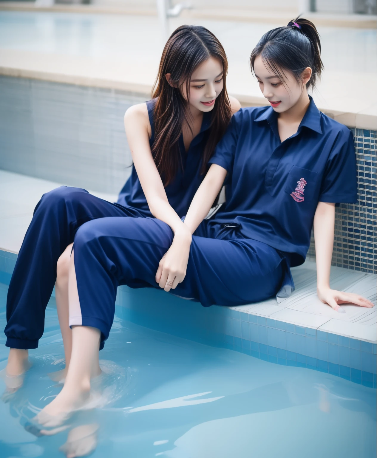 2 girls in the swimming pool, Navy blue short-sleeved shirt,Navy Long Trackpant,Sweatpants, Sweatpantsขายาว,25 year old girl, lesbian, sexy, exercise clothes, wet body