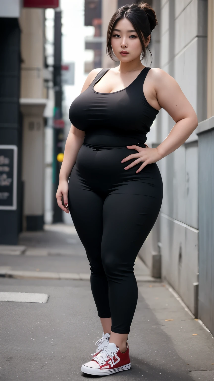 ((best quality)), ((masterpiece)), (detailed), perfect face, a woman in a black top and skinny pants posing for a picture, bbwchan, thick body, thicc, she has a jiggly fat round belly, korean girl, curvy model, beautiful thick female, thick, heonhwa choe, widest hips, skinny waist and thick hips, alluring plus sized model, thick thighs, nene tanaka body, nene tanaka face. Bbwchan, full body wide view, wearing a red sneaker