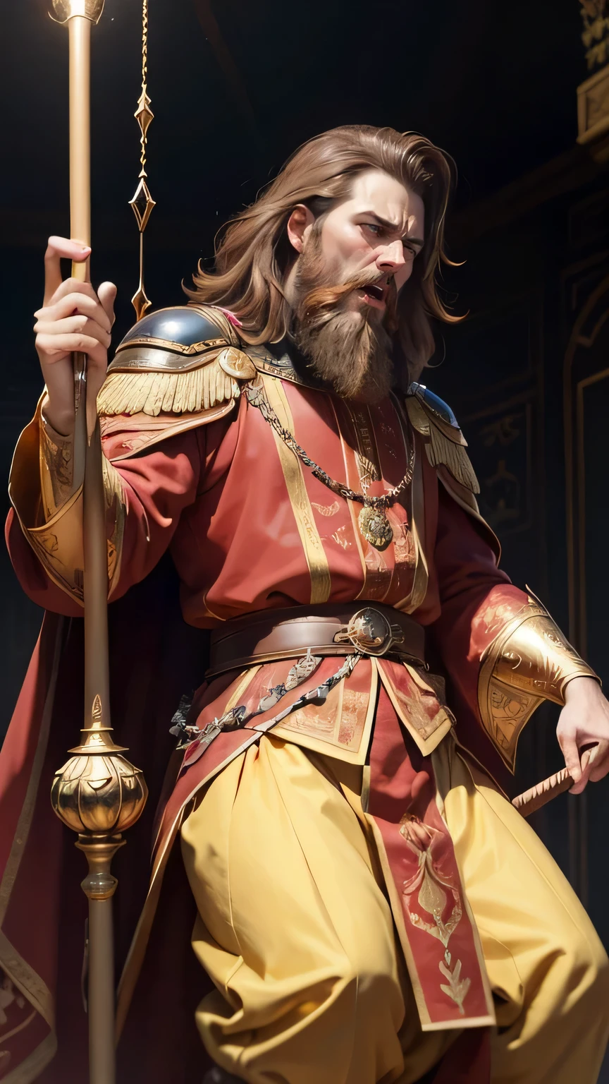 masterpiece, 45 years old, angry, outcry, Medium-length brunette, mustache, amazing, (The emperor swings his staff at the princess.), (gold cane on the floor), hemorrhage, wearing the emperor's clothes, 16th century Russia ,