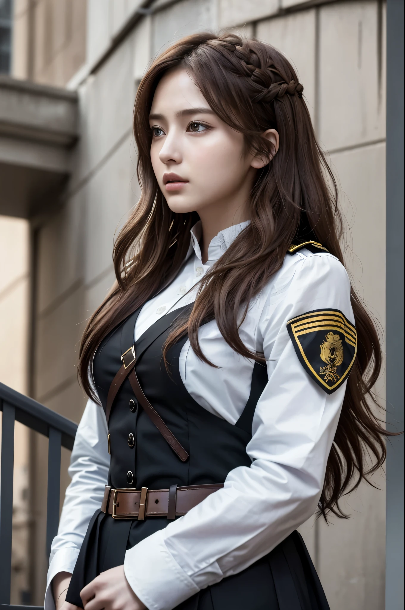 (8K, top-quality, masterpiece: 1.2)
(realistic, Photorealistic: 1.2)
Amidst the backdrop of an epic war, there lies a heroine, whose role is more that of support than the leading charge. (Dull Heroine: 1.3) With an expression etched with melancholy, she watches the clash of arms from a distance. Her eyes, beautifully detailed, carry the weight of countless untold stories.
Her long, wavy chestnut hair cascades down her shoulders, its natural color a stark contrast to the chaos around her. Dressed in a plain, drab uniform, she stands
