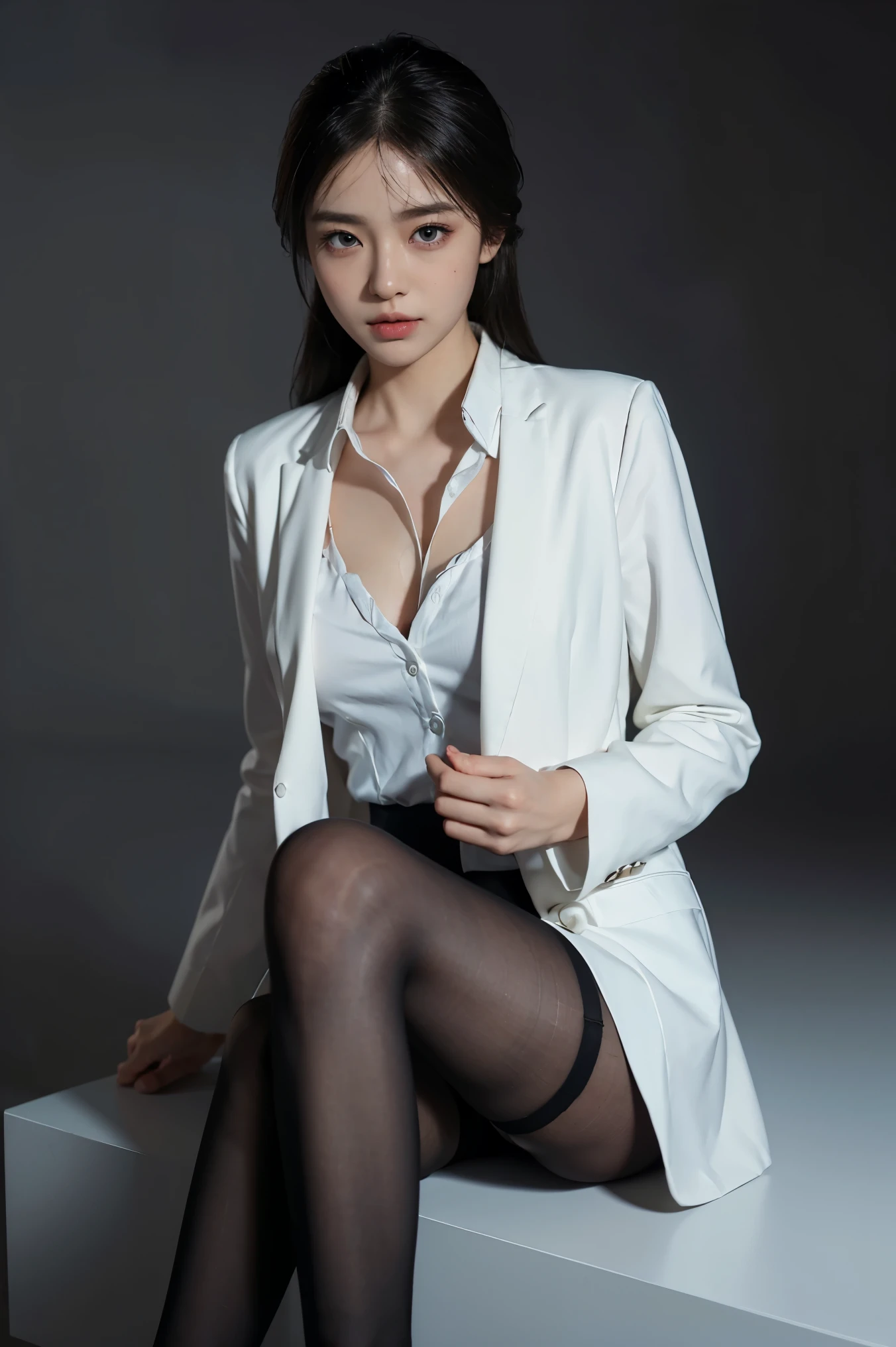 Submissive woman wearing white cardigan sitting on chair, wearing pantyhose、Wearing a strict suit, legs crossed, bottom corner, wearing a suit, office clothing, wearing a suit, elegant legs, wearing a suit, Wearing a strict suit, Japanese model, raw,(8k、top quality、​Masterpiece:1.2)、(intricate details:1.4)、(Realism:1.4)、Octane number renderings、Complex 3D rendering with ultra-details, Studio soft lighting, edge light, Vibrant details, Super details, Realistic skin texture, Details, beautiful details eyes, Very detailed CG Unity 16k wallpaper, cosmetic, (Detailed background:1.2),shiny skin、exposed thighs!!!