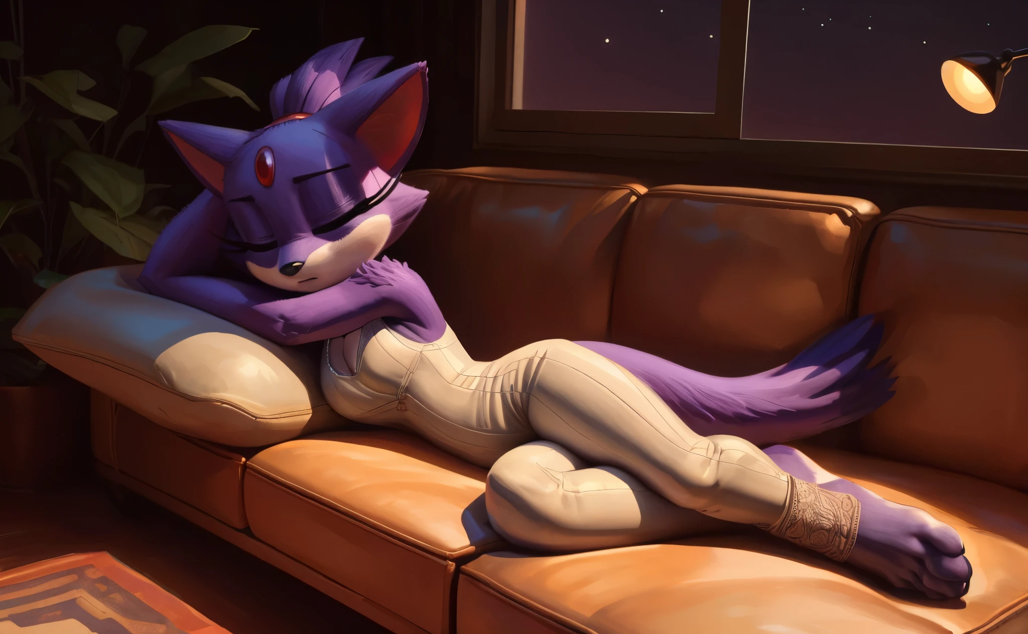 [Blaze the cat], [Uploaded to e621.net; (Pixelsketcher), (wamudraws)], ((masterpiece)), ((HD)), ((High res)), ((furry)), ((solo portrait)), ((front view)), ((full body)), ((feet visible)), ((detailed fur)), ((detailed shading)), ((cel shading)), ((beautiful render art)), ((intricate details)), {anthro, purple fur, (white fur on feet), black nose, cat ears, (both eyes closed), (long eyelashes), (red gem on forehead), long tail, (tied-up hair), (curvy hips), (beautiful legs), (beautiful feet), (sleeping expression)}, {(tight white yoga bodysuit), (cleavage)}, {(laying on couch), (laying on side), (sleeping)}, [background; (living room), (lamp), (window), (sunrise), (sun rays), (starry sky), (ambient lighting)]