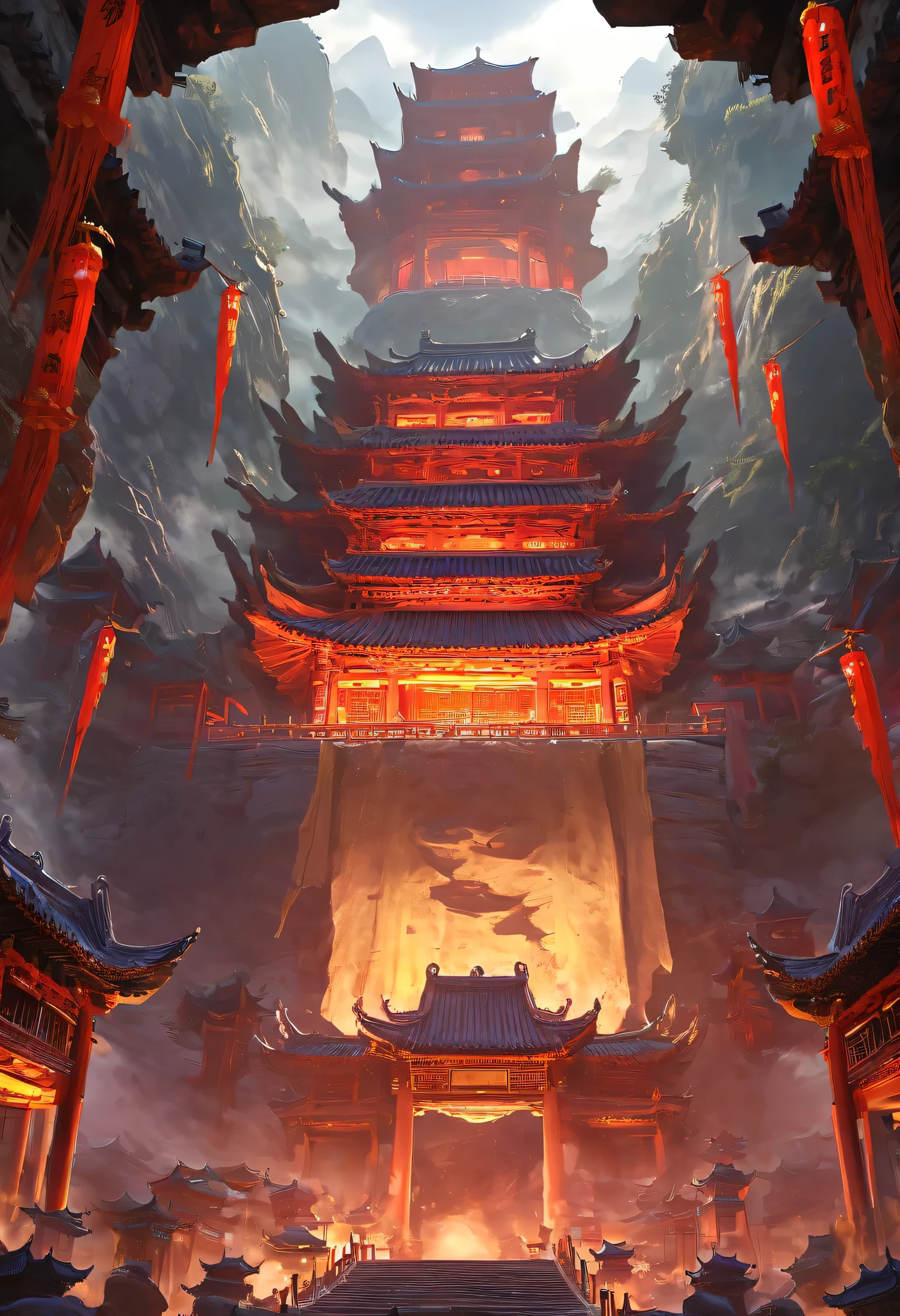 underground tomb：1.37.（（（神秘的东方underground tomb，underground tomb，Magnificent and spacious majestic landscape））），Red sedan suspended in the air，Chinese sedan，dim lights，intricately carved stone walls，The mysterious atmosphere is scary，Supernatural powers。
