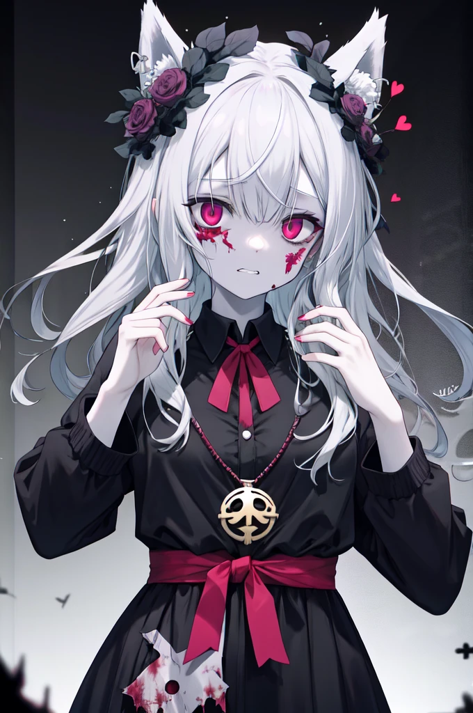 Her hair is black, pink eyes, black hoodie