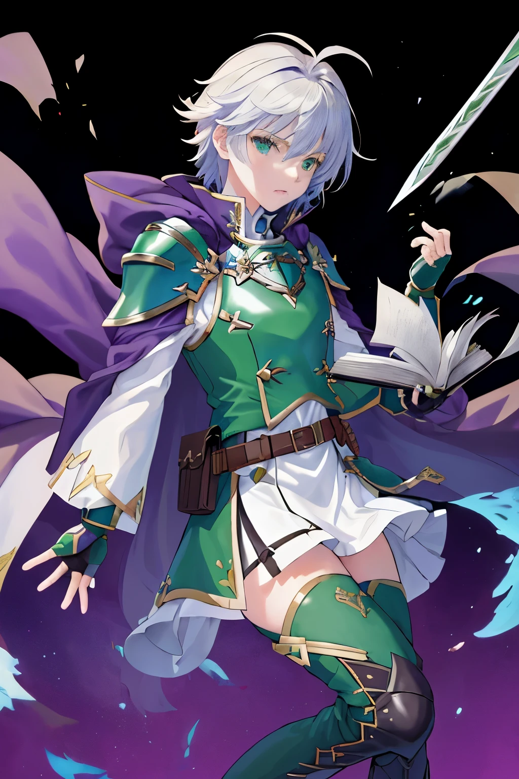 masterpiece, highest quality, disorganized, Nino, 1 boy, alone, (shine, green swords, swords, sword, Green Magic, magic sword, floating swords, unlimited blade works \(destiny\), destiny/unlimited blade works), short hair, open your mouth, bangs, green eyes, pants, Thighhighs, gloves, long sleeve, holding, whole body, , boots, 黒pants, white hair, belt, fingerless gloves, cape, armor, zettai ryouiki, Book, thigh boots, white skirt, shoulder armor, holding Book, Pouch, breastplate, open Book, belt Pouch, purple hair band, Fe, black background, simple background