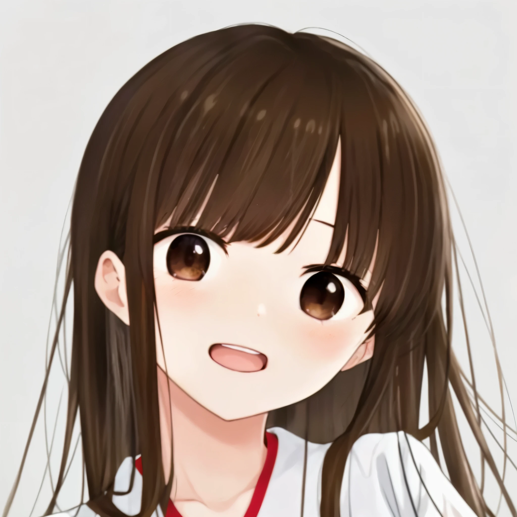 anime girl，long brown hair，White shirt, cute anime face, extremely 可爱的anime girl face, Cute and natural anime face, Anime cute art style, Anime visual of a cute girl, kawaii realistic portrait, Chen Sumi, anime style portrait, anime portrait, Produced by Anime Painter Studio, 可爱的anime girl portraits, face anime portrait, 可爱的anime girl