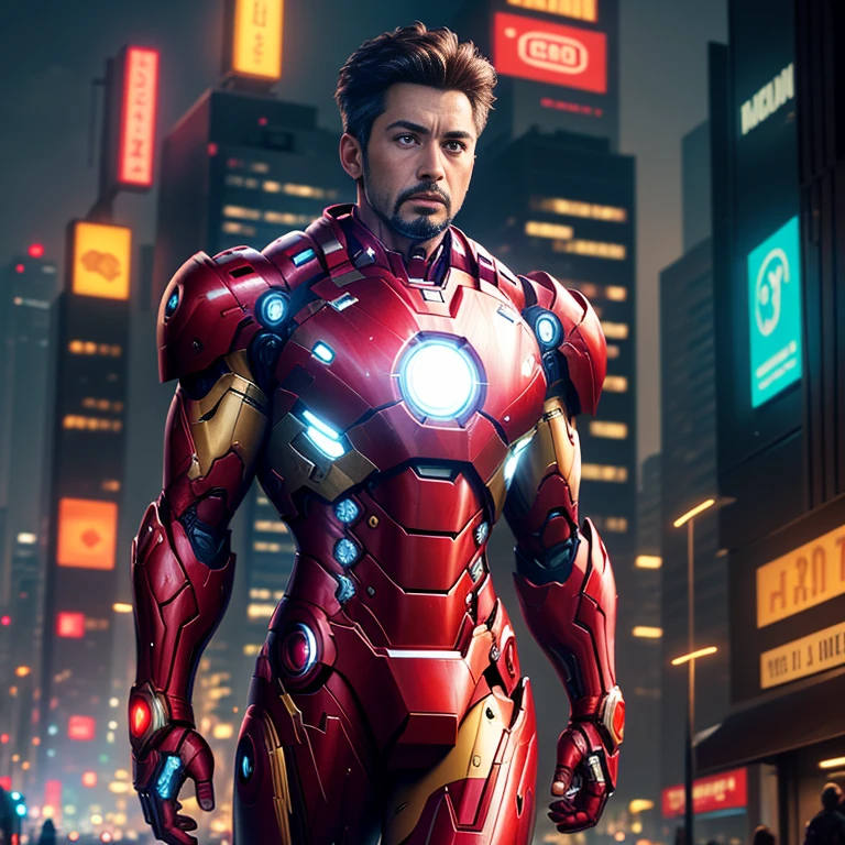 Best quality, masterpiece, 8k resolution, realistic, highly detailed,   close up of Iron Man. In a cyberpunk-style night scene of the city, he stands on a street lined with tall buildings. The city's night lights are bright, The surrounding buildings and streets are filled with cyberpunk elements such as neon lights, high-tech devices, and futuristic architectural designs. 