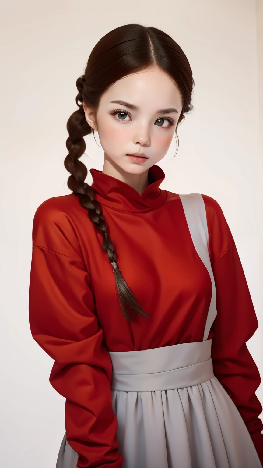 Royalty image of a woman wearing a red dress holding out her hand to the side, ash gray hair、french braid、High-quality stock images, cute young woman, shrugging arms, 魅力的なgirl, wide forehead, women are bent, hand gesture, wearing red clothes, girl, with white background, women pictures, Expressive look of surprise