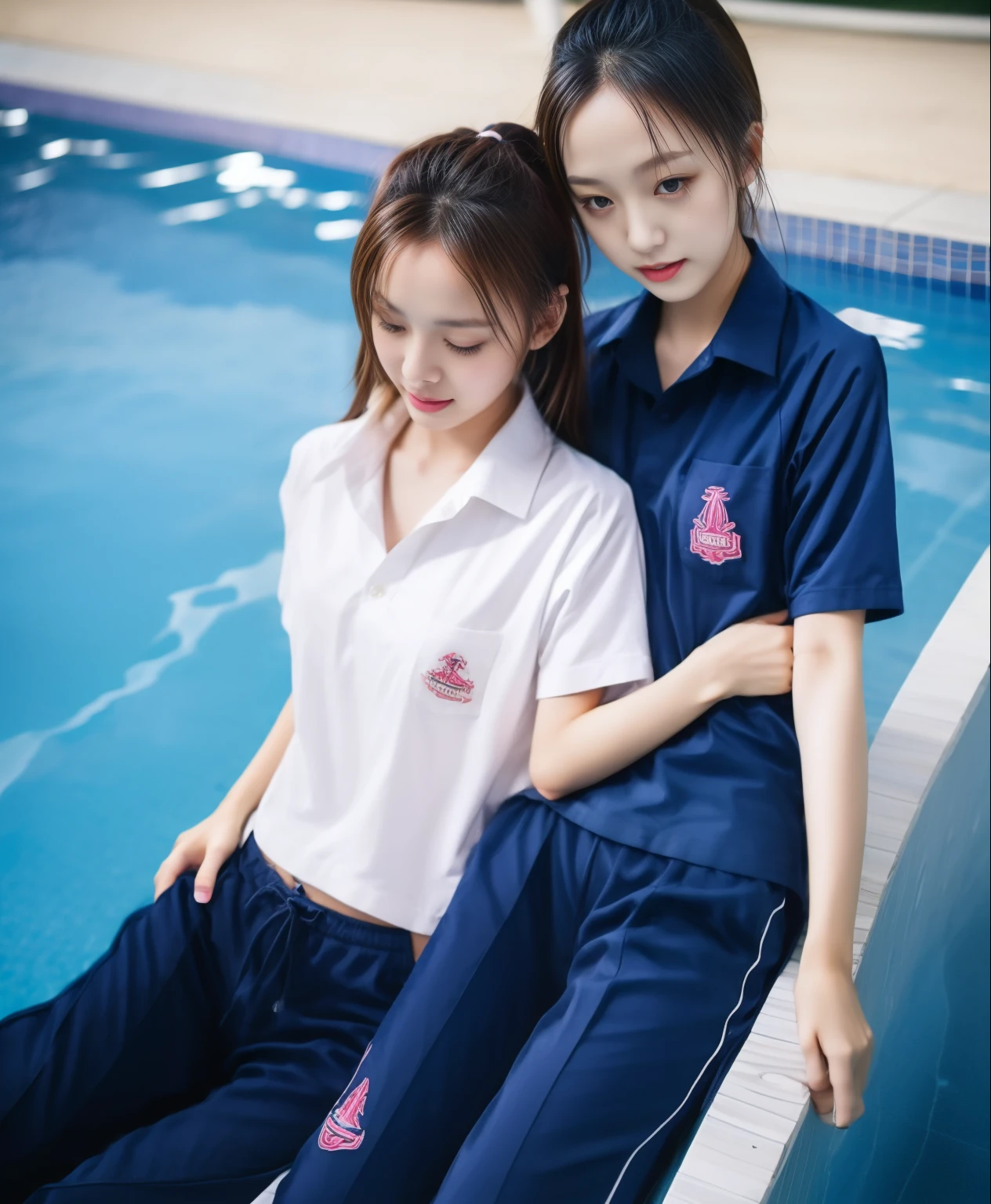 2 girls in the swimming pool, Navy blue short-sleeved shirt,Navy Long Trackpant,Sweatpants, Sweatpantsขายาว,25 year old girl, lesbian, sexy, exercise clothes, wet body