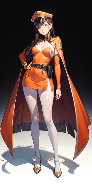 ((best quality)), ((masterpiece)), (detailed),full body anime picture of a female vice squad leader , orange outfit ,  1 person , gold markings , waist cape , white pantyhose