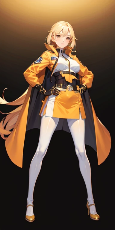 ((best quality)), ((masterpiece)), (detailed),full body anime picture of a female vice squad leader , orange outfit ,  1 person , gold markings , waist cape , white pantyhose