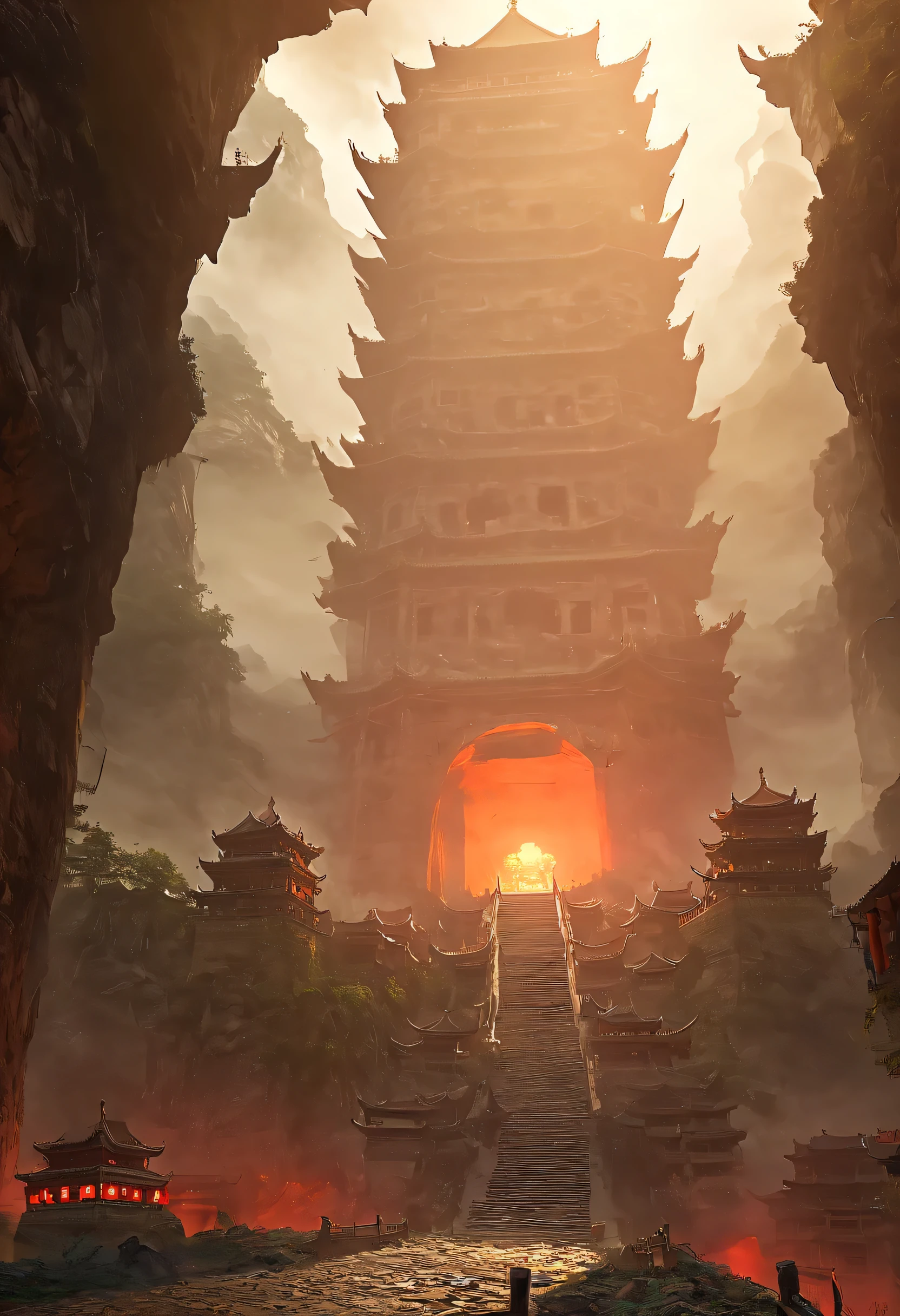 hole in mountain，underground tomb：1.37.（（（神秘的东方underground tomb，underground tomb，Underground ghost town））），Red nine-story tower suspended in the air，china tower，ghost bride，dim lights，intricately carved stone walls，The mysterious atmosphere is scary，Supernatural powers。
