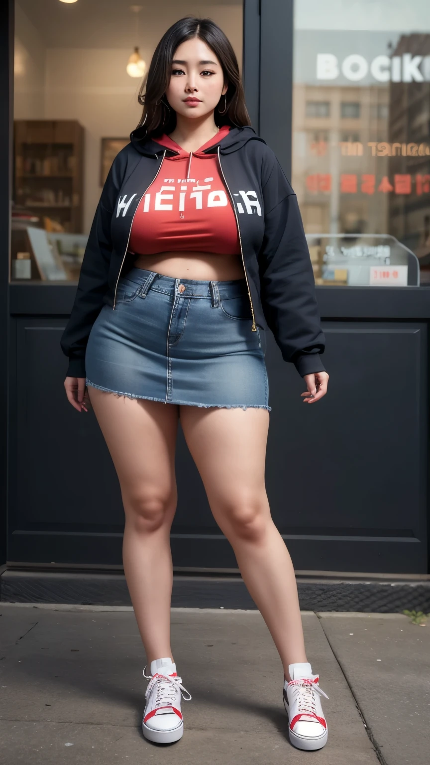 ((best quality)), ((masterpiece)), (detailed), perfect face, a woman in a dark-blue hoodi jacket jeans and thight skirt random posing for a picture, bbwchan, thick body, thicc, she has a jiggly fat round belly, korean girl, curvy model, beautiful thick female, thick, heonhwa choe, widest hips, skinny waist and thick hips, alluring plus sized model, thick thighs, nene tanaka body, nene tanaka face. Bbwchan, full body view, wearing a red sneaker, small breast, woman in proportions body, big eye, big cheeks