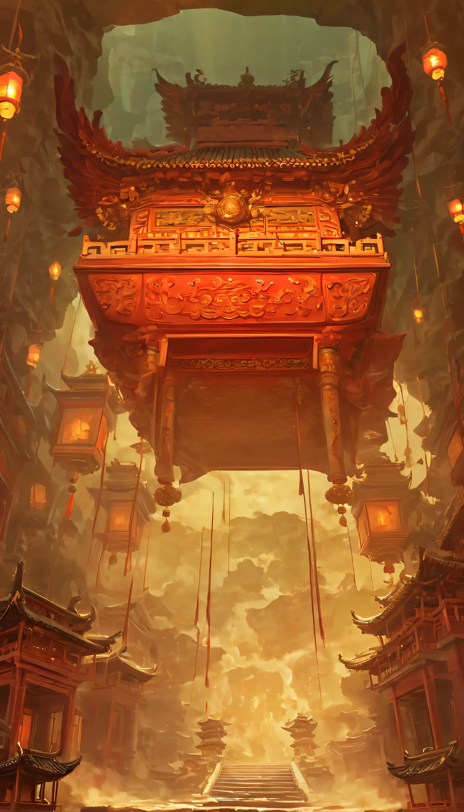 underground：1.5.underground古墓：1.37.（（（神秘的东方underground古墓，underground古墓，Magnificent and spacious majestic landscape））），Red sedan suspended in the air，Chinese sedan，dim lights，intricately carved stone walls，The mysterious atmosphere is scary，Supernatural powers。
