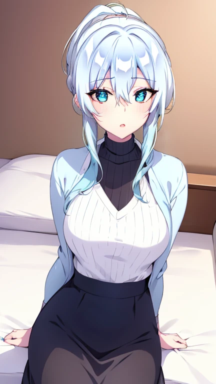 yukionayukino, yuki ona yukino, long hair, bangs, blue eyes, hair between eyes, blue hair, ponytail,
BREAK skirt, long sleeves, black skirt, sweater, turtleneck, ribbed sweater, white sweater, cardigan, blue cardigan, open cardigan,
BREAK indoors, bed,
BREAK looking at viewer, (cowboy shot:1.5),
BREAK (masterpiece:1.2), best quality, high resolution, unity 8k wallpaper, (illustration:0.8), (beautiful detailed eyes:1.6), extremely detailed face, perfect lighting, extremely detailed CG, (perfect hands, perfect anatomy),