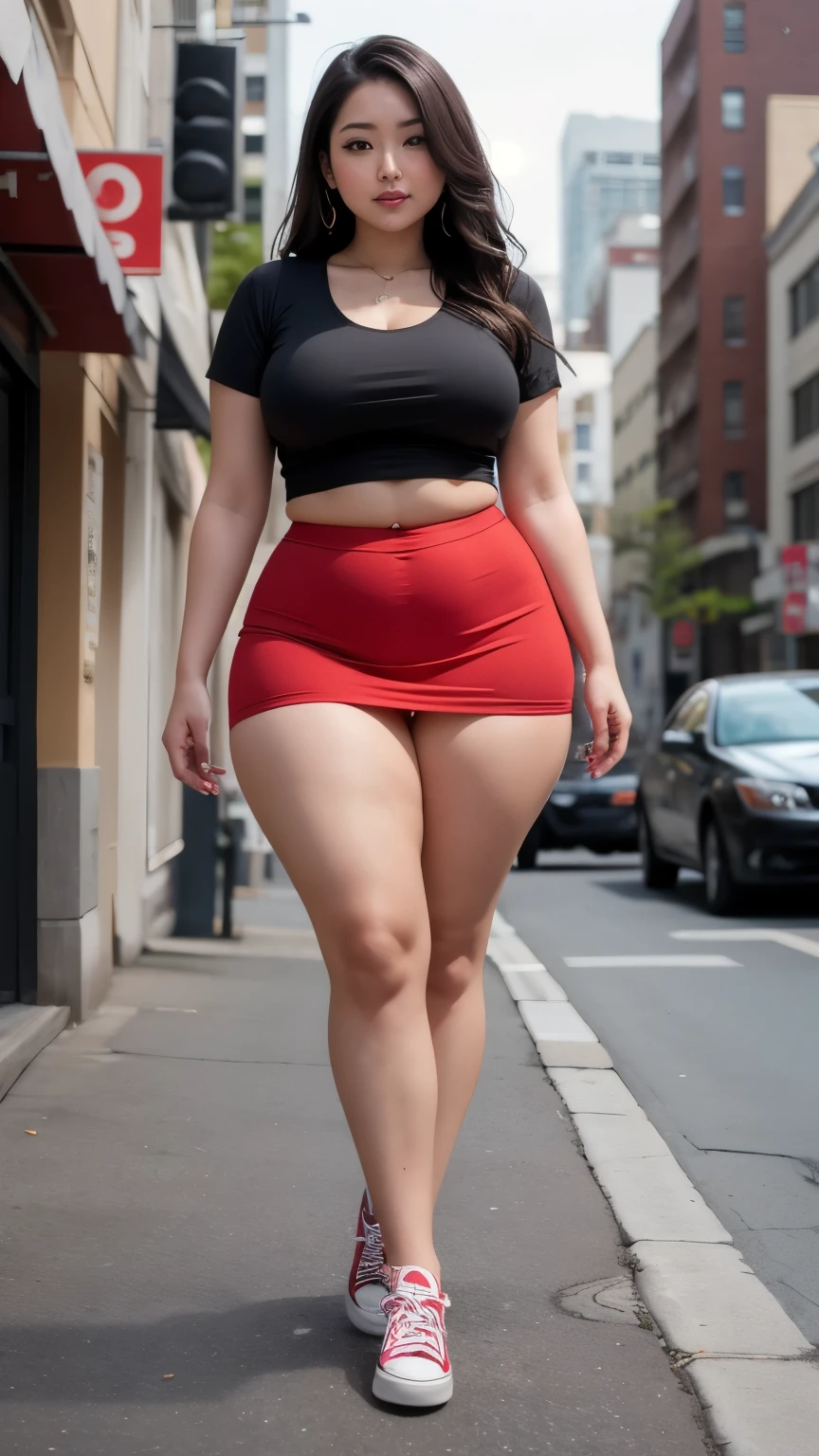 ((best quality)), ((masterpiece)), (detailed), perfect face, a woman in a black top an thight skirt random posing for a picture, bbwchan, thick body, thicc, she has a jiggly fat round belly, korean girl, curvy model, beautiful thick female, thick, heonhwa choe, widest hips, skinny waist and thick hips, alluring plus sized model, thick thighs, nene tanaka body, nene tanaka face. Bbwchan, full body wide view, wearing a red sneaker, small breast 