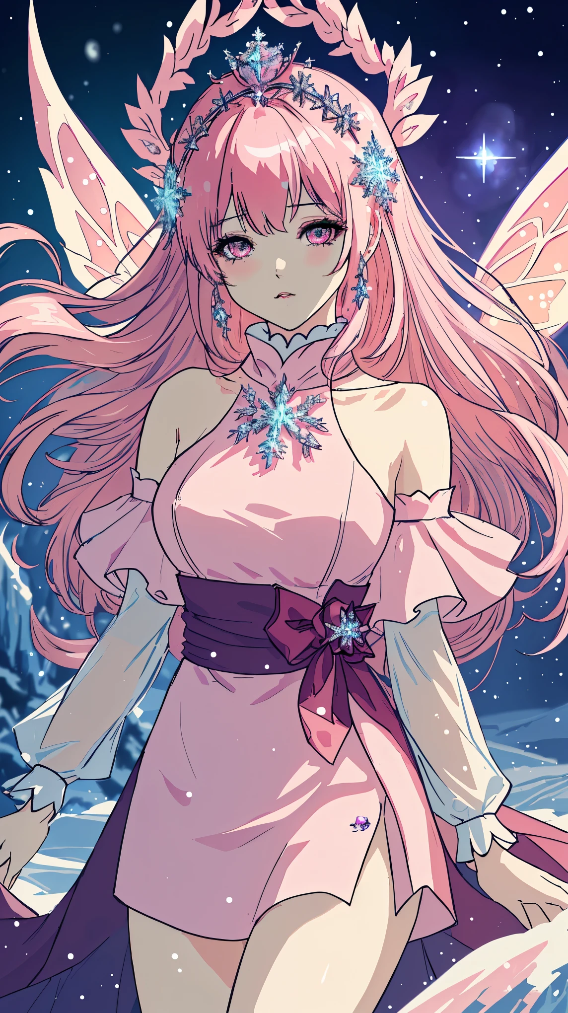 8K resolution，highest quality，Ultra-clear details，queen of ice:1.3，snowflake，entangle:1.4，goth style，pink hair，Epic composition，Fairy temperament，untidy，masterpiece，gentle，，soft