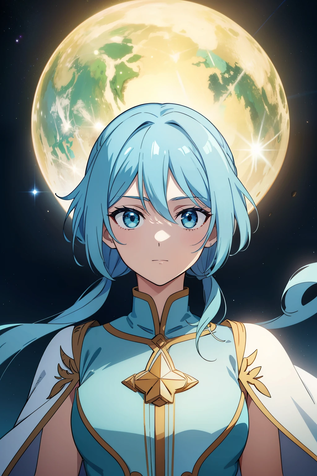 (high-quality, breathtaking),(expressive eyes, perfect face) 1female, female, solo, short height, young teenager age, long length hair, Light blue hair color, glowing hair, white strands in hair, unkept hair, bluey green eyes, kind expression, soft smile, cloak, shirt, fantasy mage clothing, adventurers attire, Uranus planet, Uranus Roman God of the Sky and Heavans, space background, portrait, upper body, magic, elegant, pigtails, stylized hairstyle, gorgeous flowy curly hair
