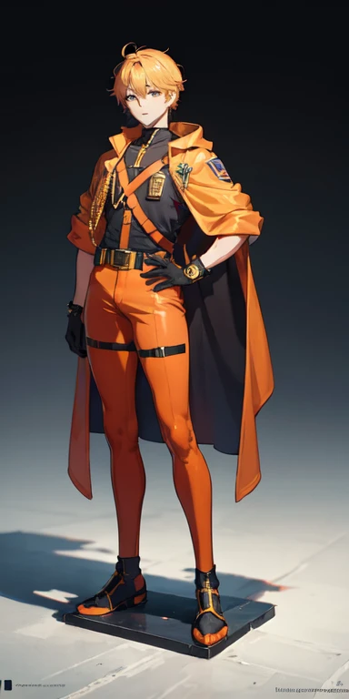 ((best quality)), ((masterpiece)), (detailed),full body anime picture of a male vice squad leader , orange outfit , 1 person , gold markings , waist cape